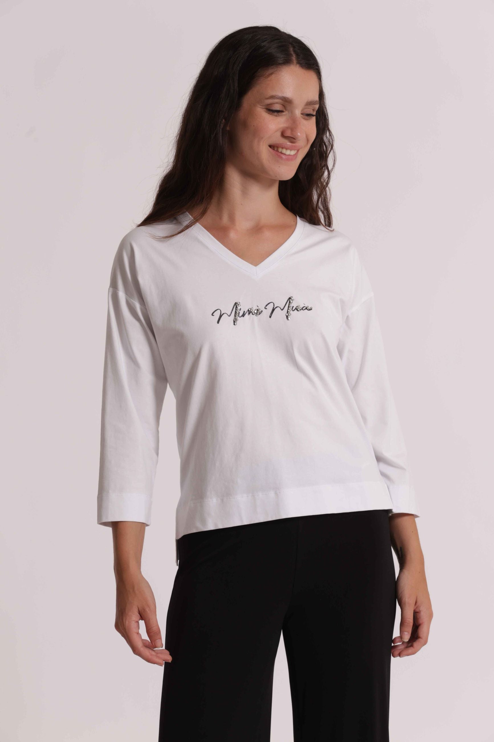 T-shirt donna Mimi Mua manica lunga con scollo a V e logo frontale elegante Bianco M | Giò Fashion