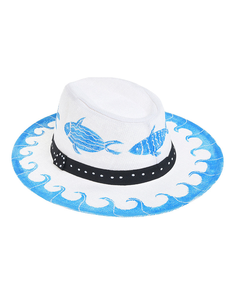 Ble Resort Collection Cappello Bianco Dipinto con Pesci