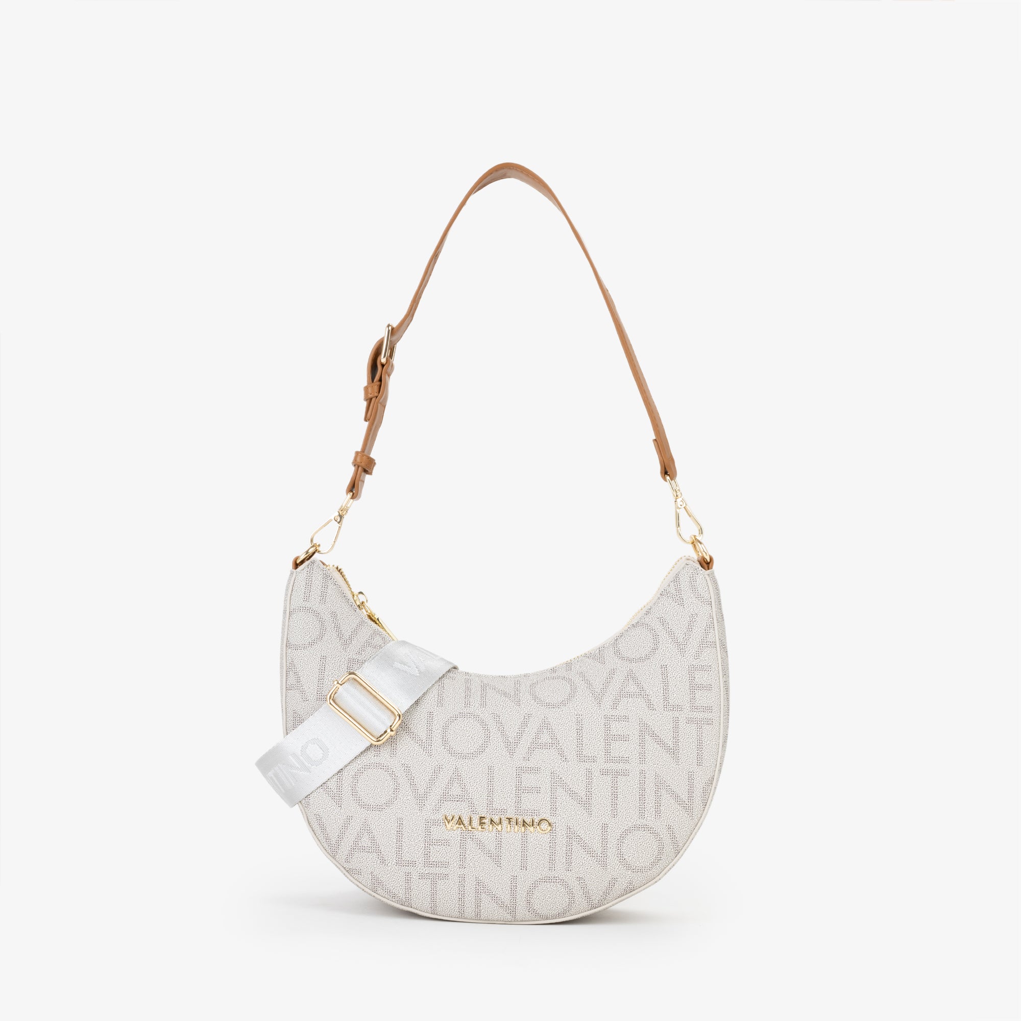 Borsa a spalla donna Mario Valentino mezzaluna con stampa logo e tracolla regolabile Beige TU | Giò Fashion