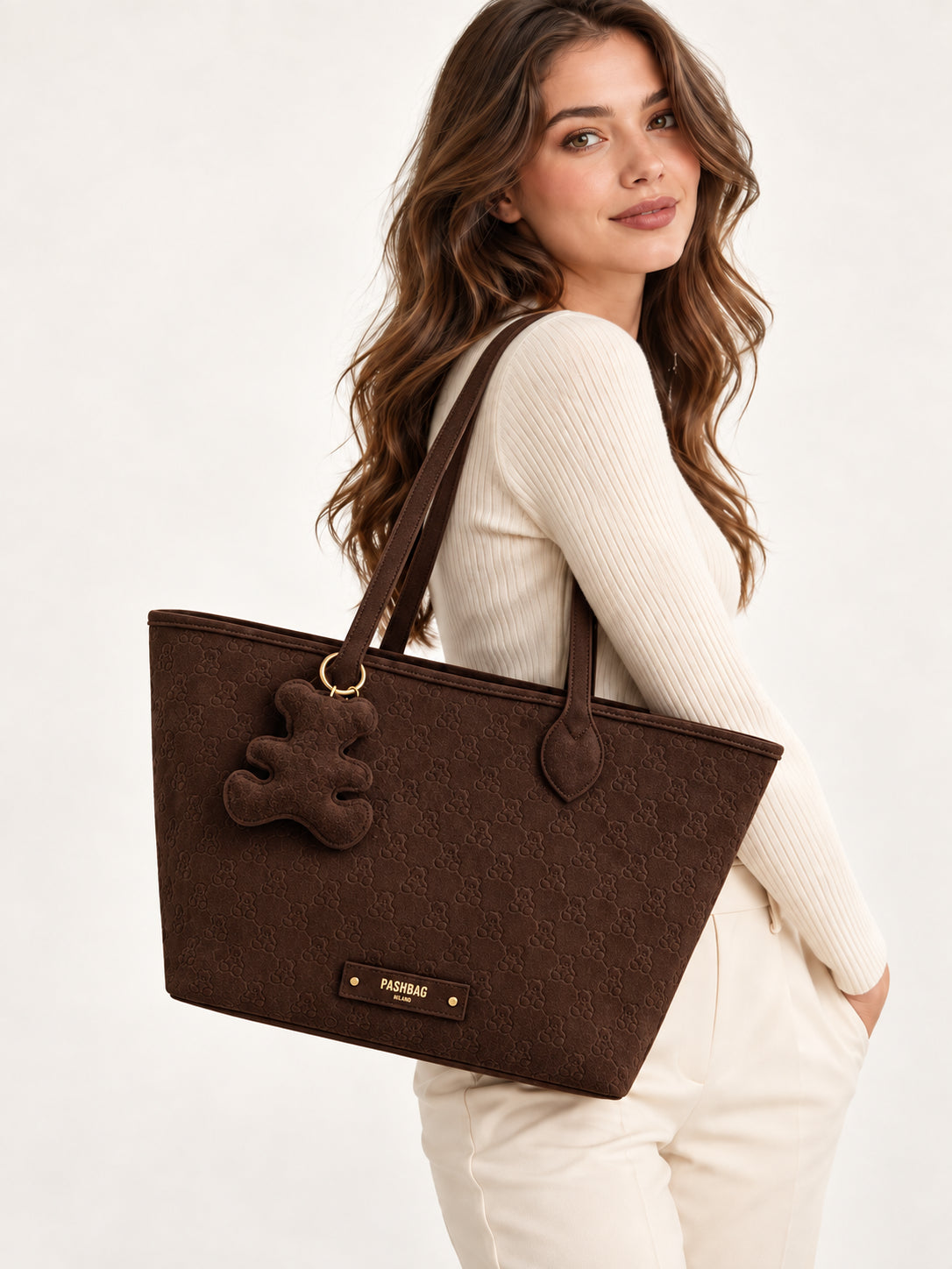 Borsa shopper a spalla con motivo orsetti e pochette interna