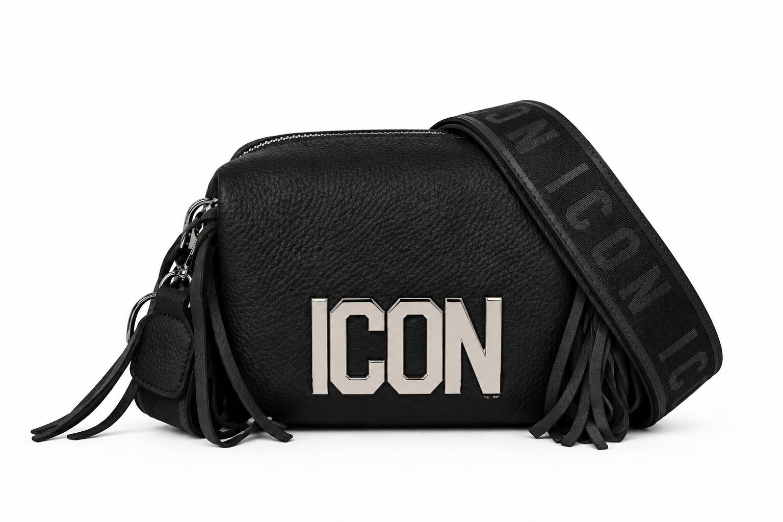 Borsa a tracolla con frange e logo metallico