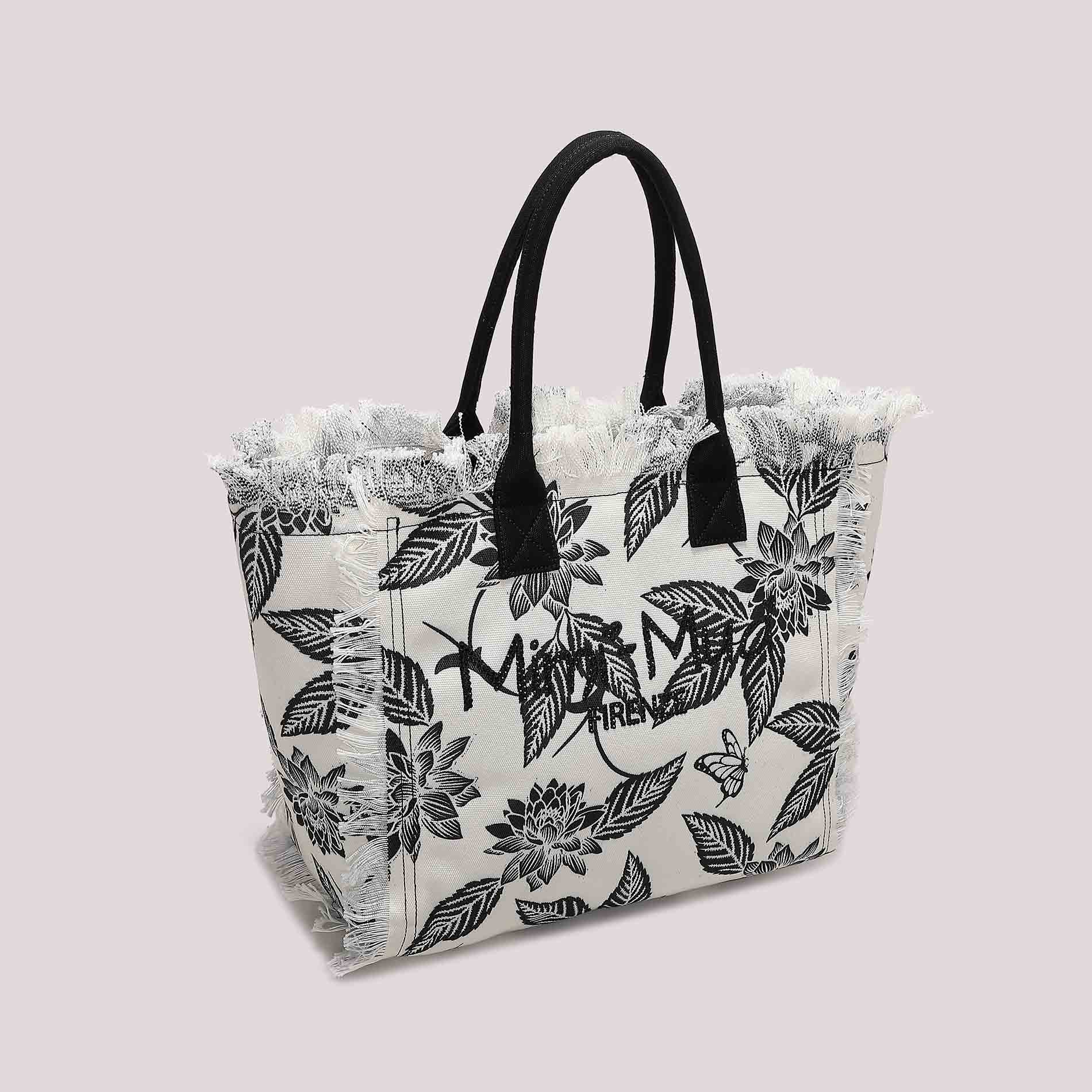 Borsa shopping donna Mimi Mua Firenze in tessuto con stampa e frange laterali PANNA/NERO TU | Giò Fashion
