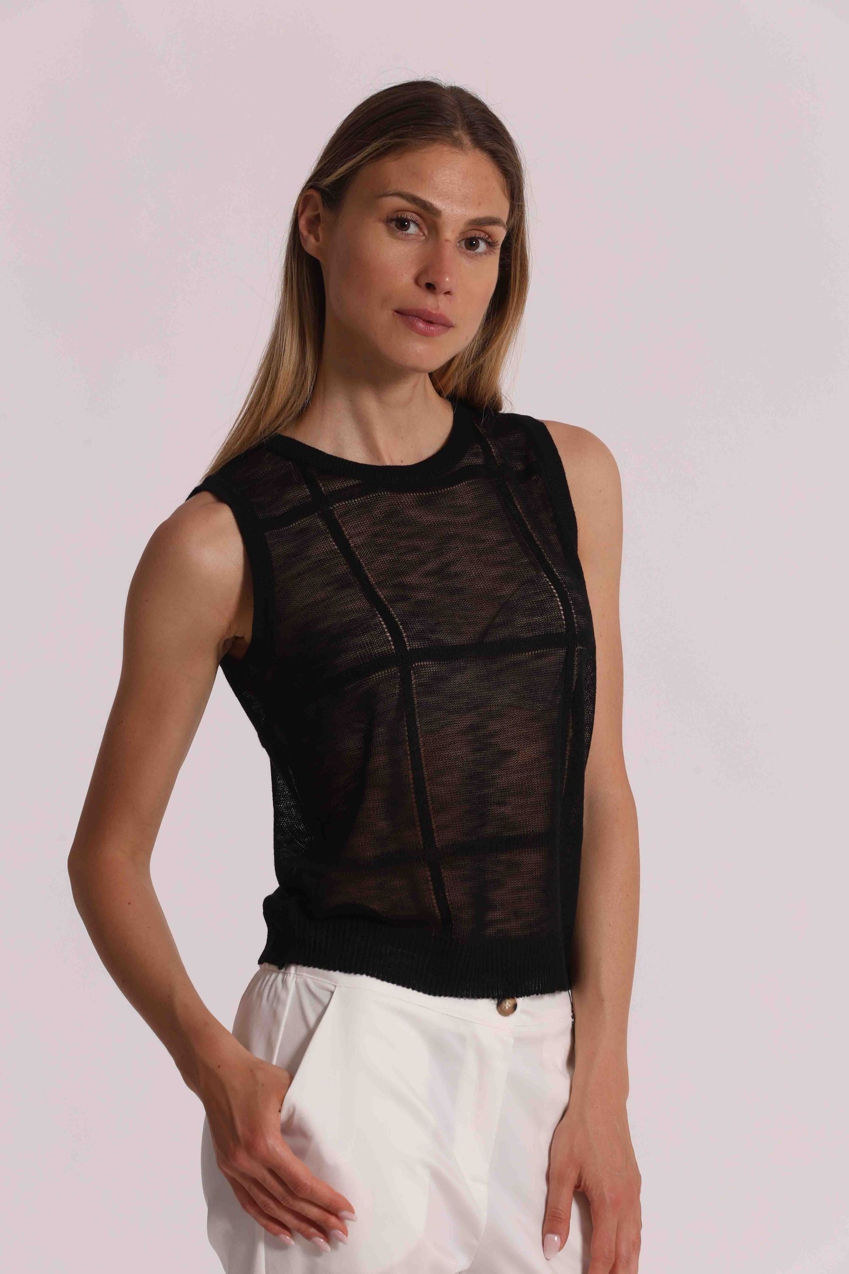 Mimi Mua top donna smanicato trasparente in maglia con inserti Nero M | Giò Fashion