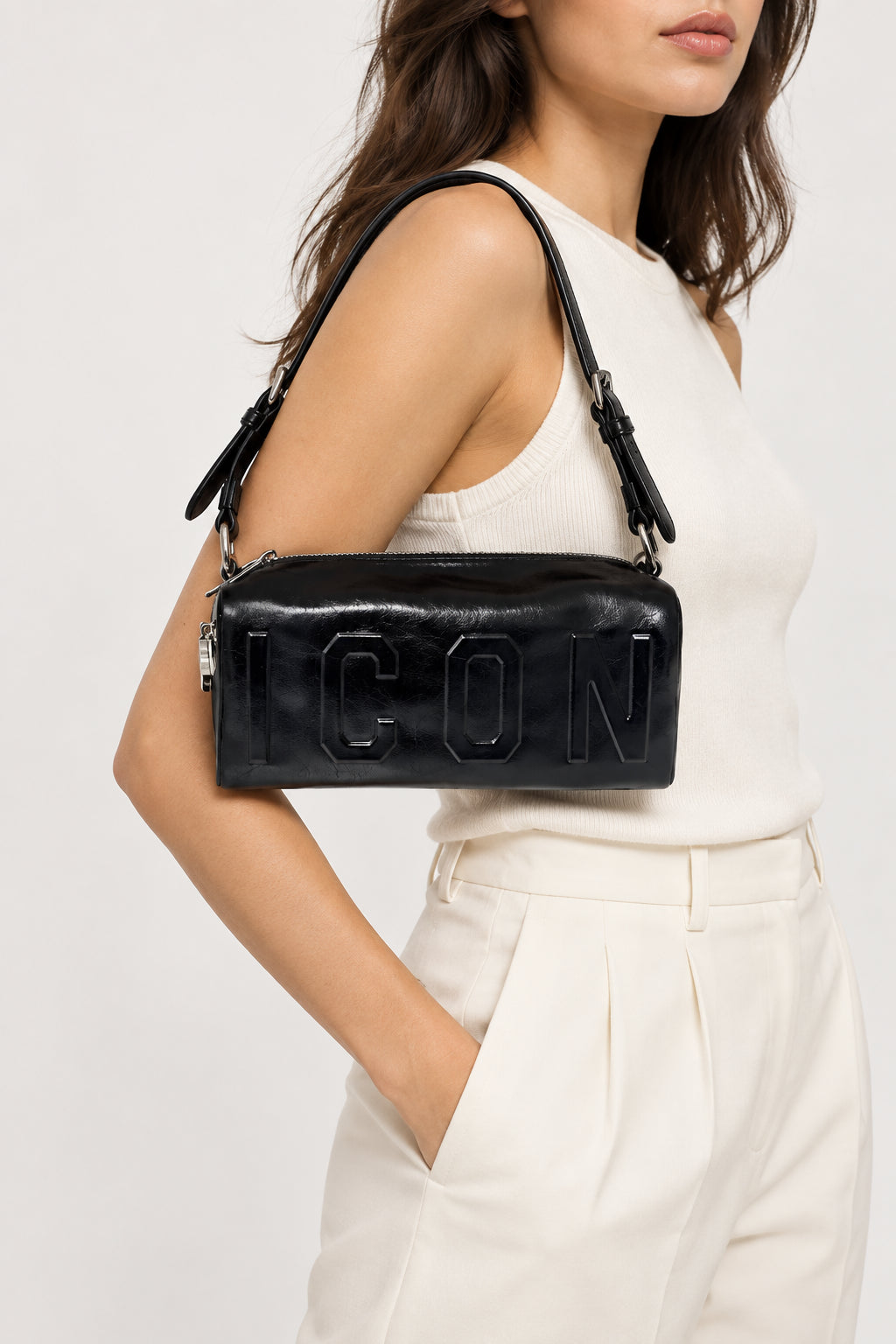 Borsa a spalla nera con logo ICON in rilievo