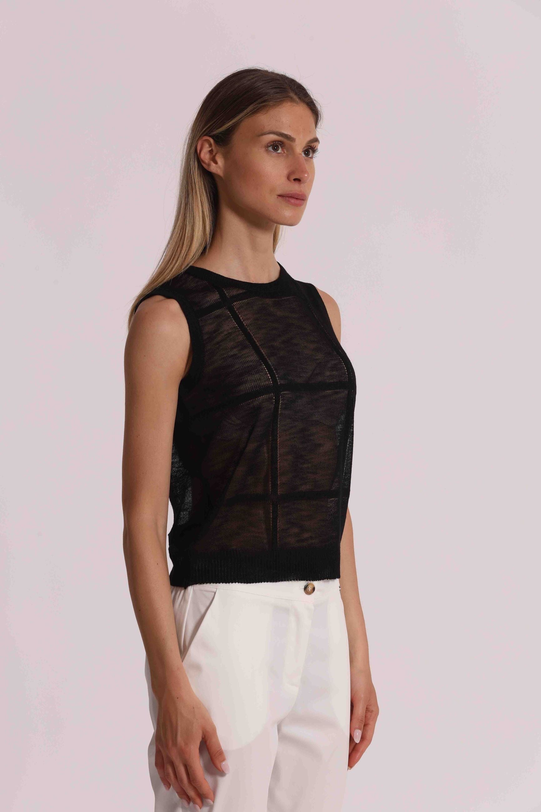 Mimi Mua top donna smanicato trasparente in maglia con inserti Nero M | Giò Fashion