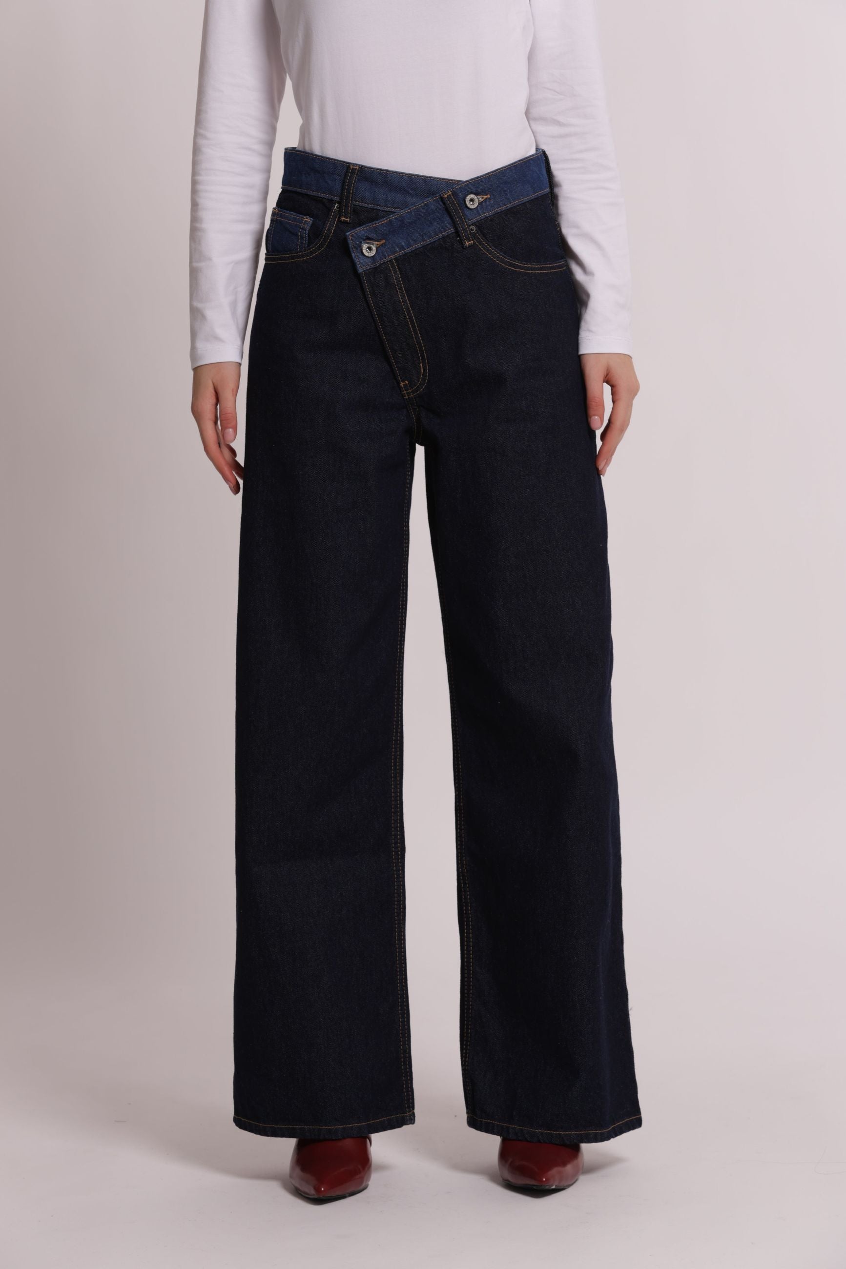 Jeans Donna Mimi Mua a Gamba Larga con Vita Incrociata