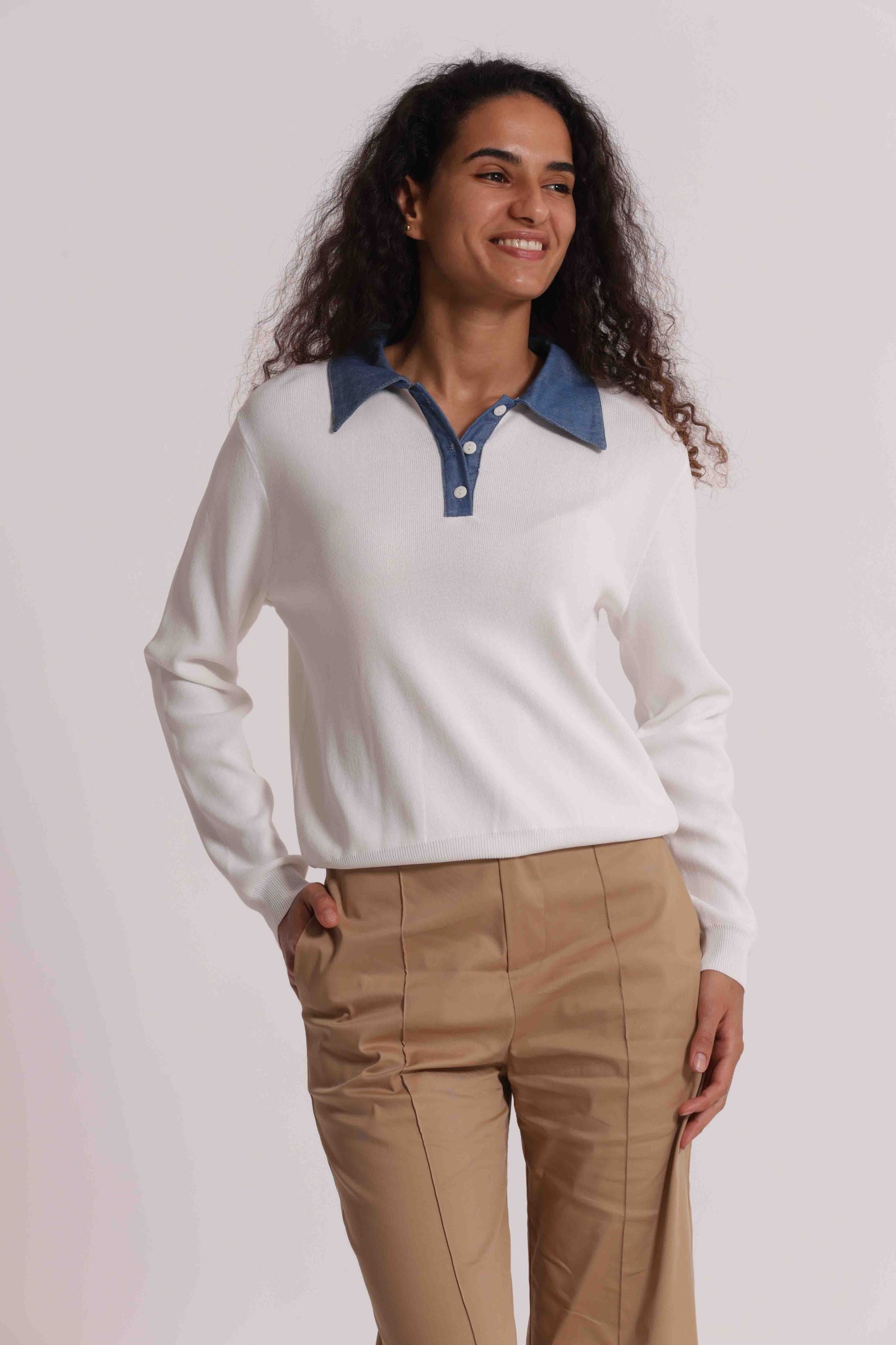 Maglia donna Mimi Mua stile polo manica lunga con colletto a contrasto PANNA S | Giò Fashion