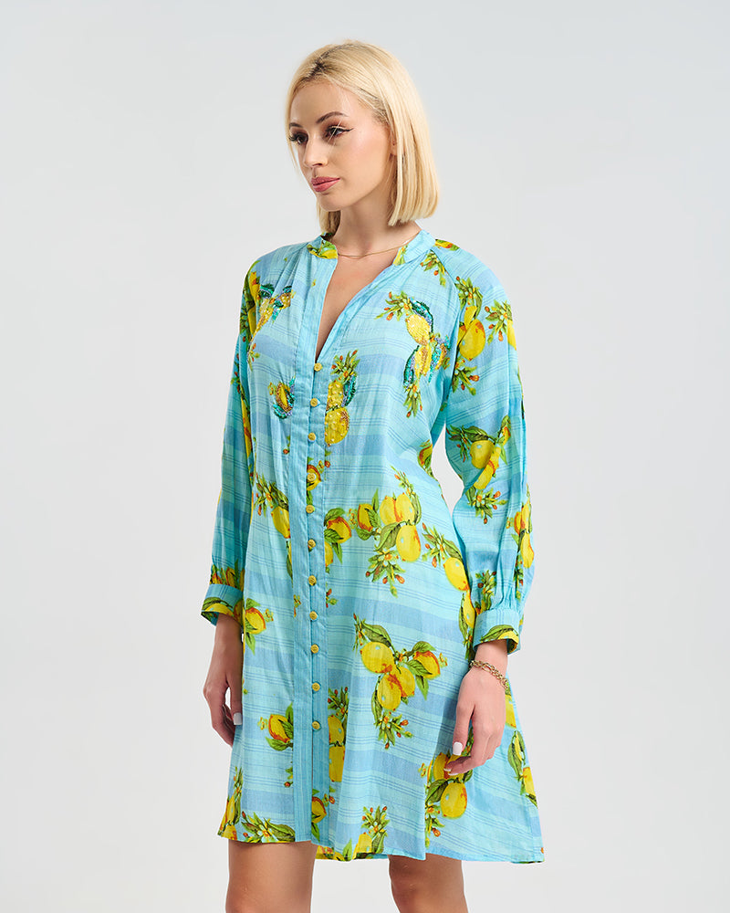 Ble Resort Collection Kaftan Corto a Maniche Lunghe con Dettagli Limone