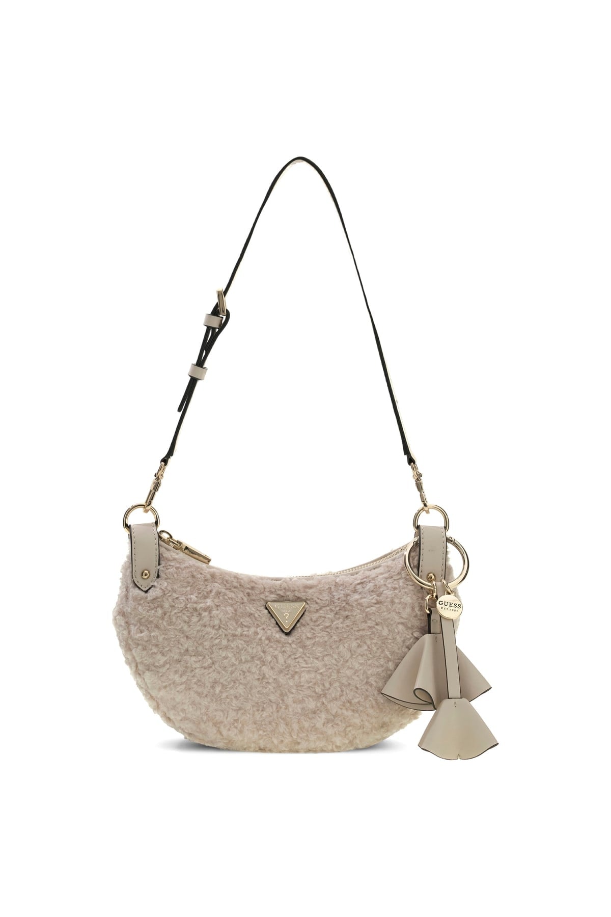 Borsa a Spalla Guess Effetto Teddy con Charm Decorativi e Zip
