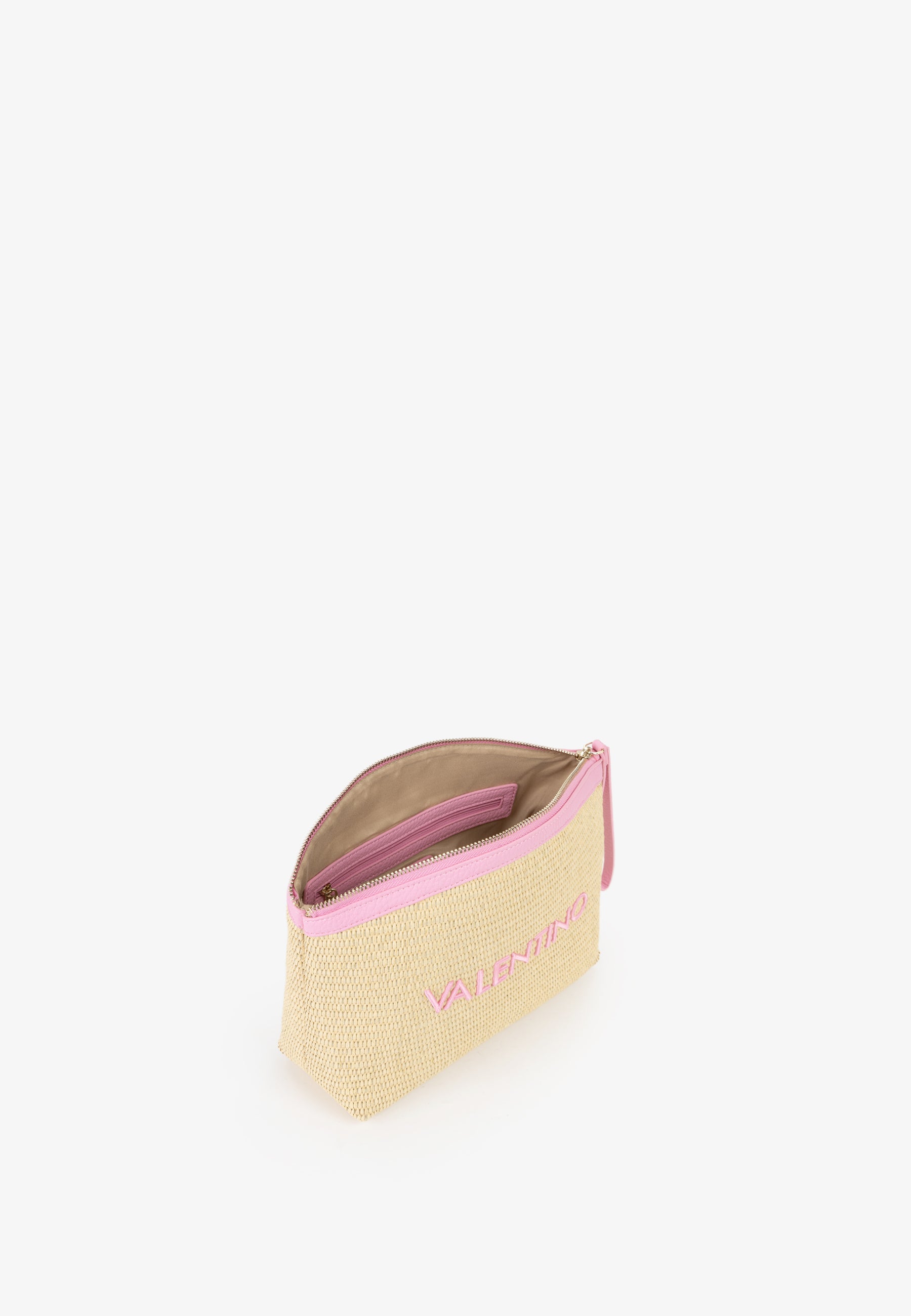 Pochette Mario Valentino in paglia con zip superiore e logo frontale ricamato Rosa TU | Giò Fashion