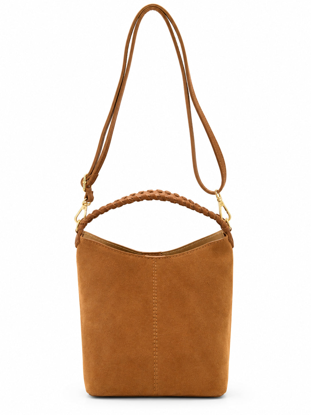 Borsa Vera Pelle in Camoscio Cuoio con Manico Intrecciato, Tracolla e Pochette