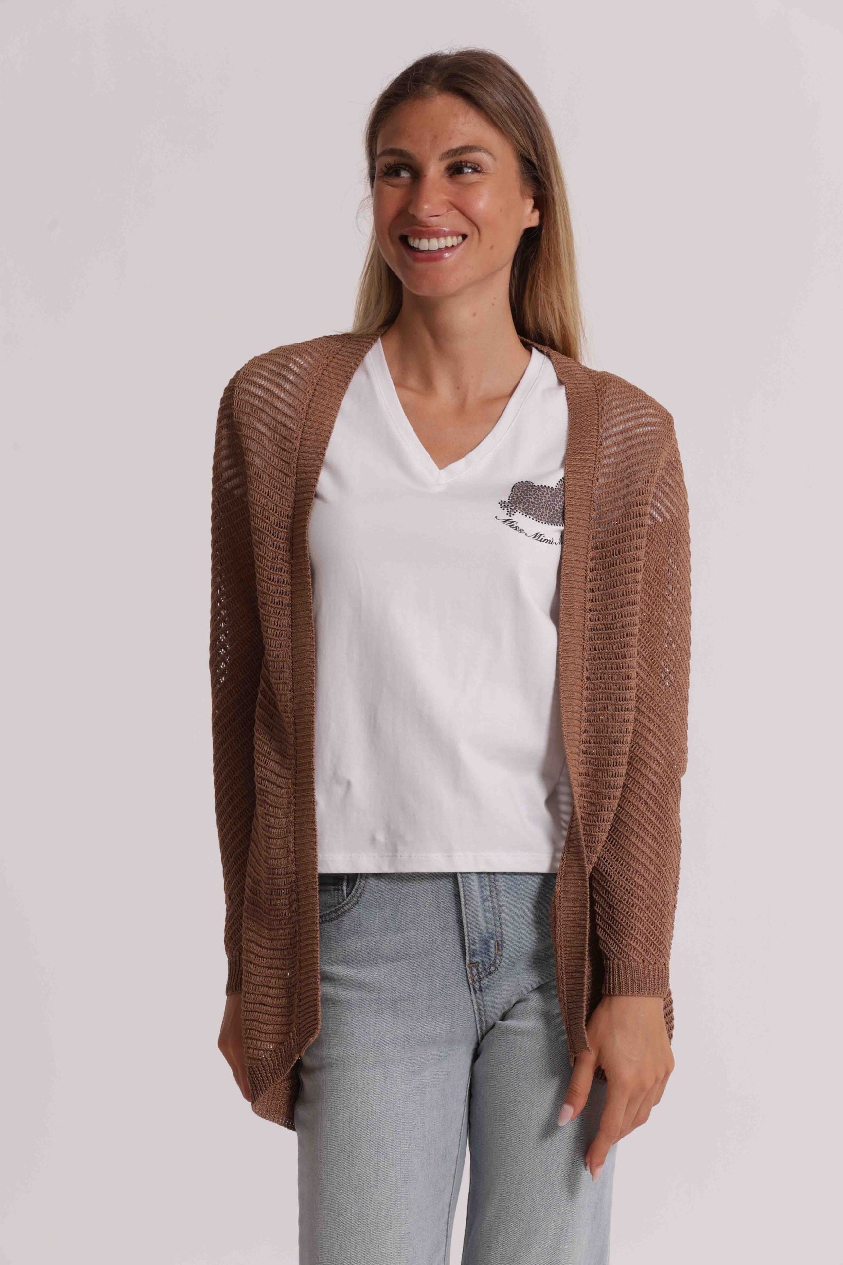 Mimi Mua cardigan donna lungo traforato aperto stile leggero Cammello S | Giò Fashion