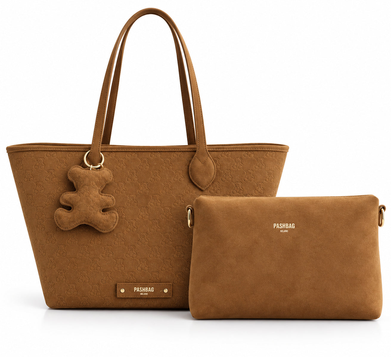 Borsa shopper a spalla con charm orsetto e pochette trasformabile in tracolla