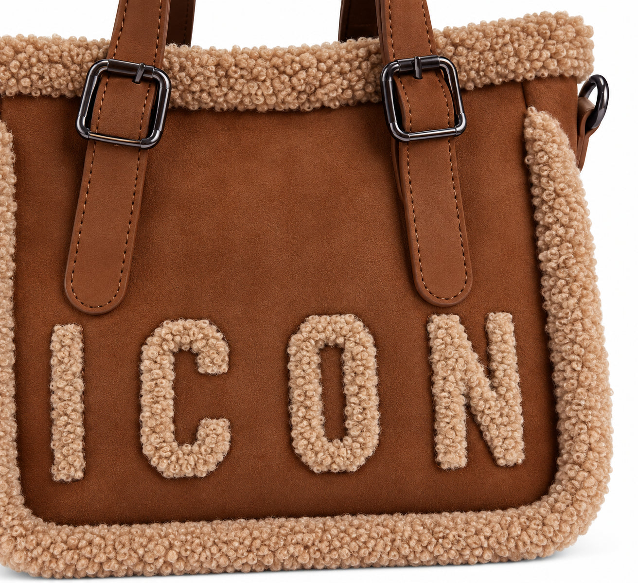 Borsa shopping piccola effetto scamosciato con bordi teddy