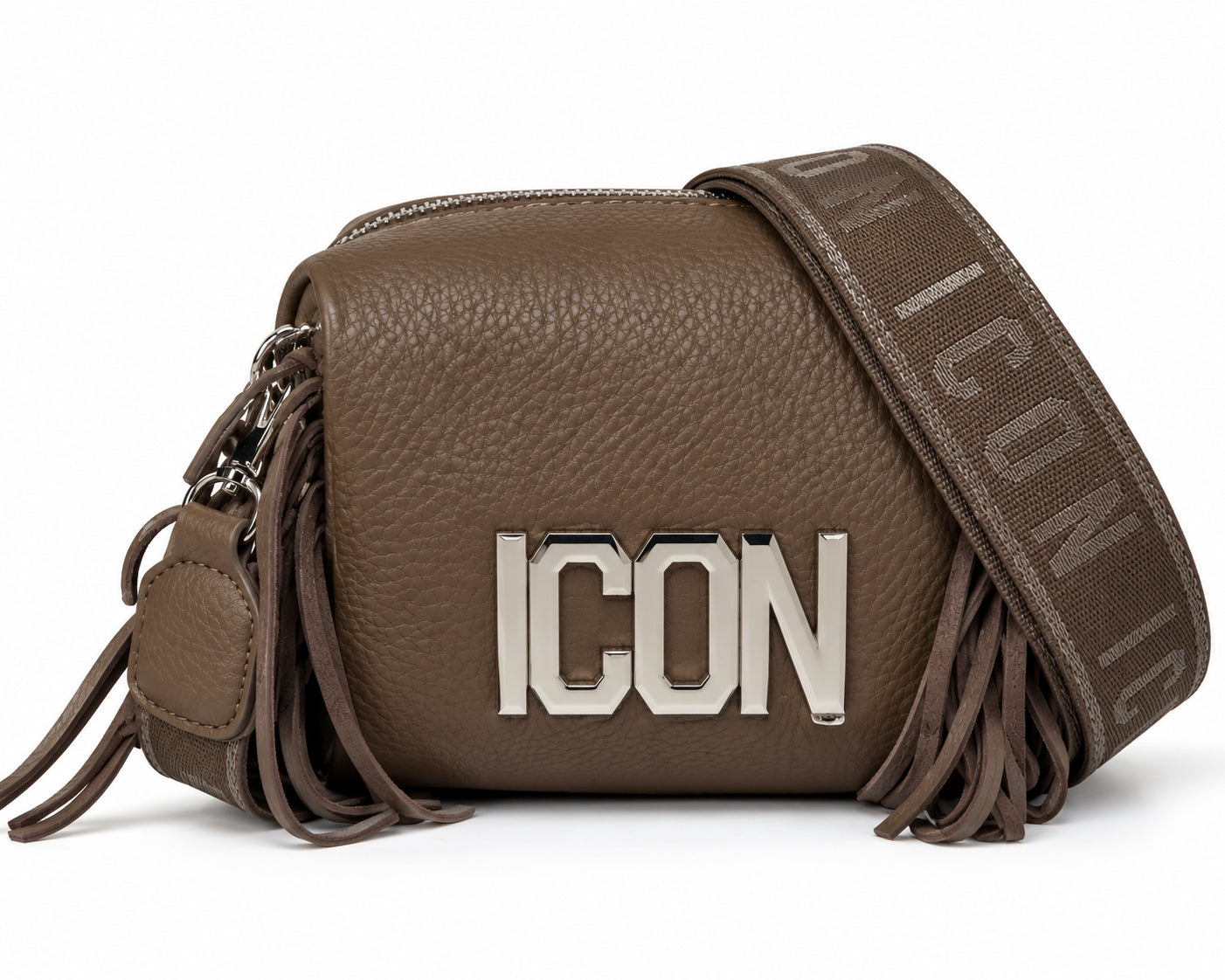 Borsa a tracolla con frange e logo metallico
