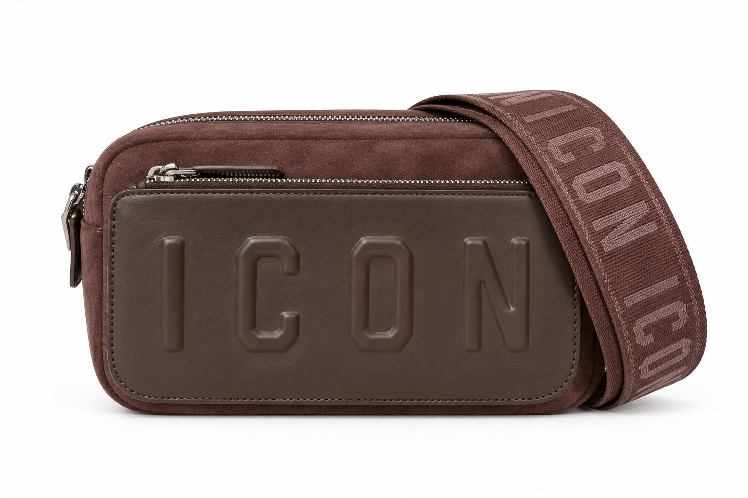Camera bag effetto scamosciato con tasca frontale e logo impresso