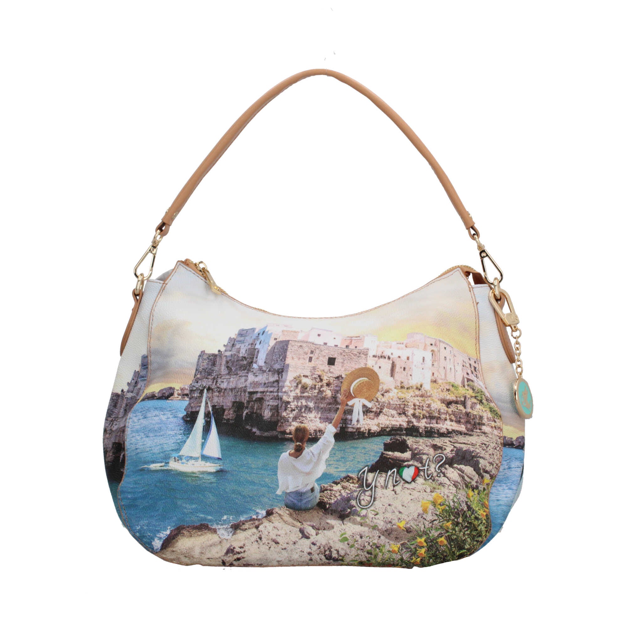 Borsa hobo YNot con stampa artistica e manico removibile per un look versatile