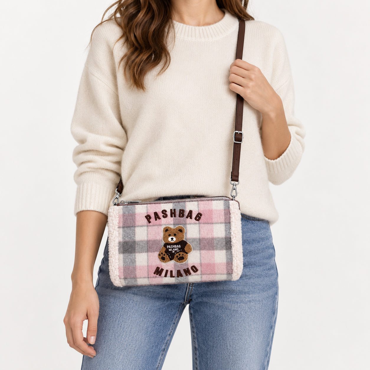 PashBag Borsa a Tracolla Effetto Peluche con Orsetto Ricamato