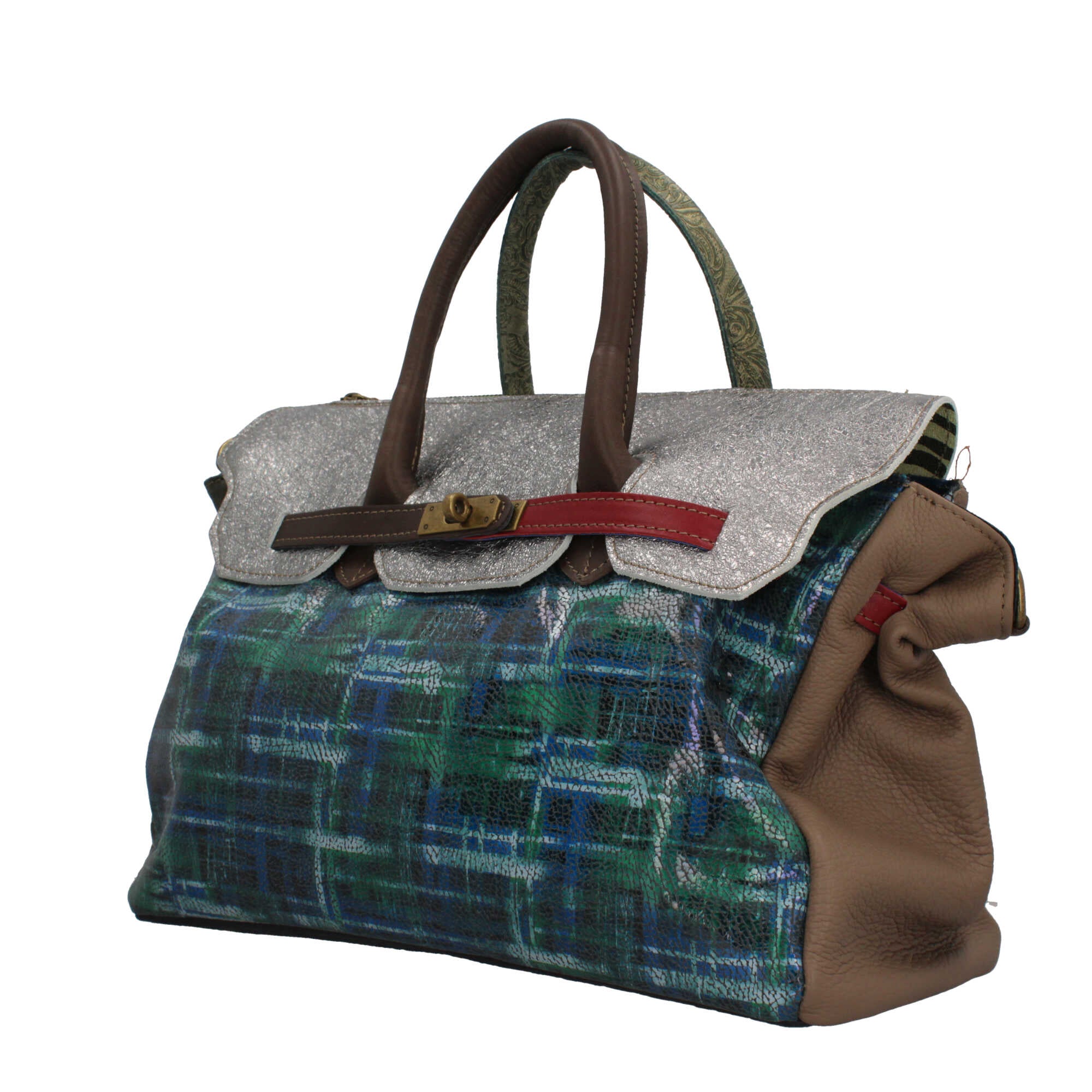 Borsa a mano Made in Italy con patta effetto metallizzato e stampa artistica