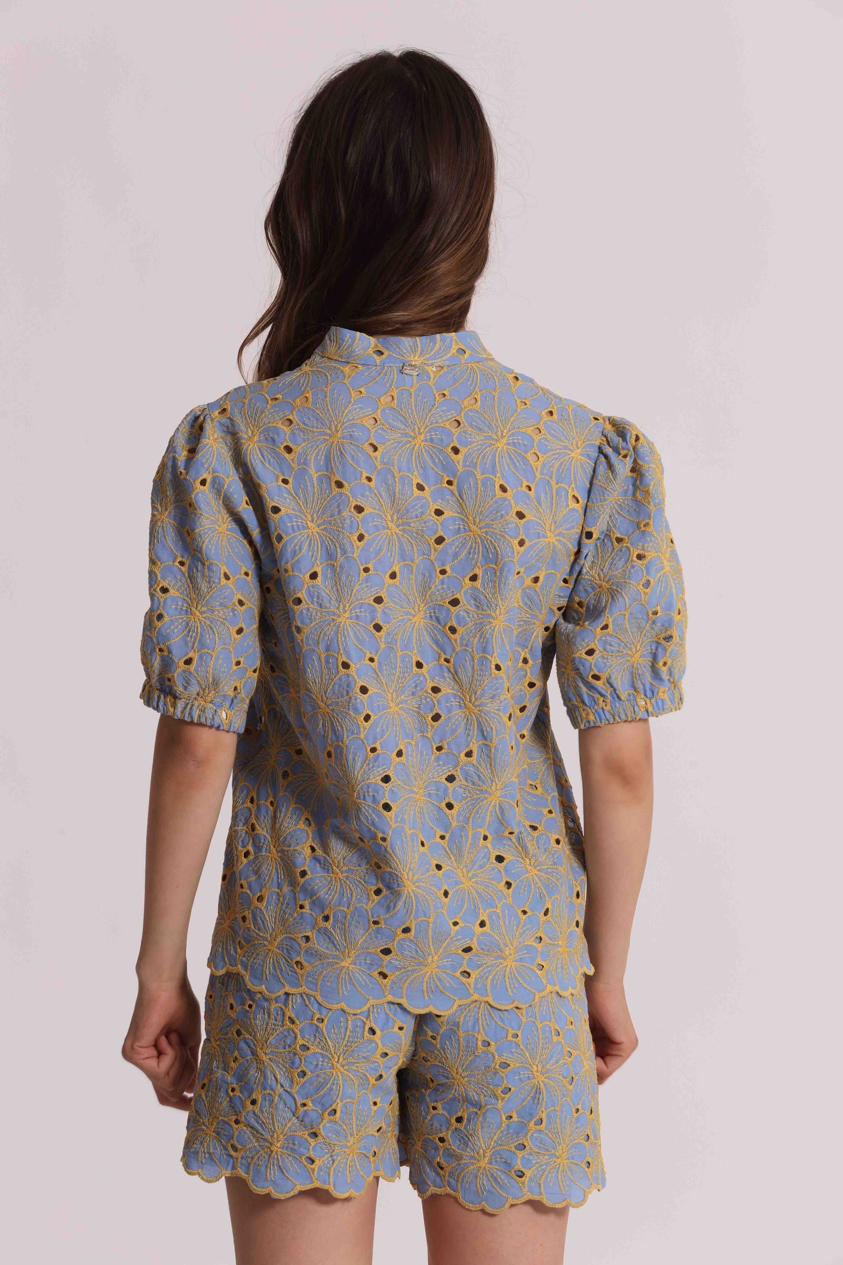 Blusa Mimi Mua Sangallo CELESTE/OCRA XS | Giò Fashion