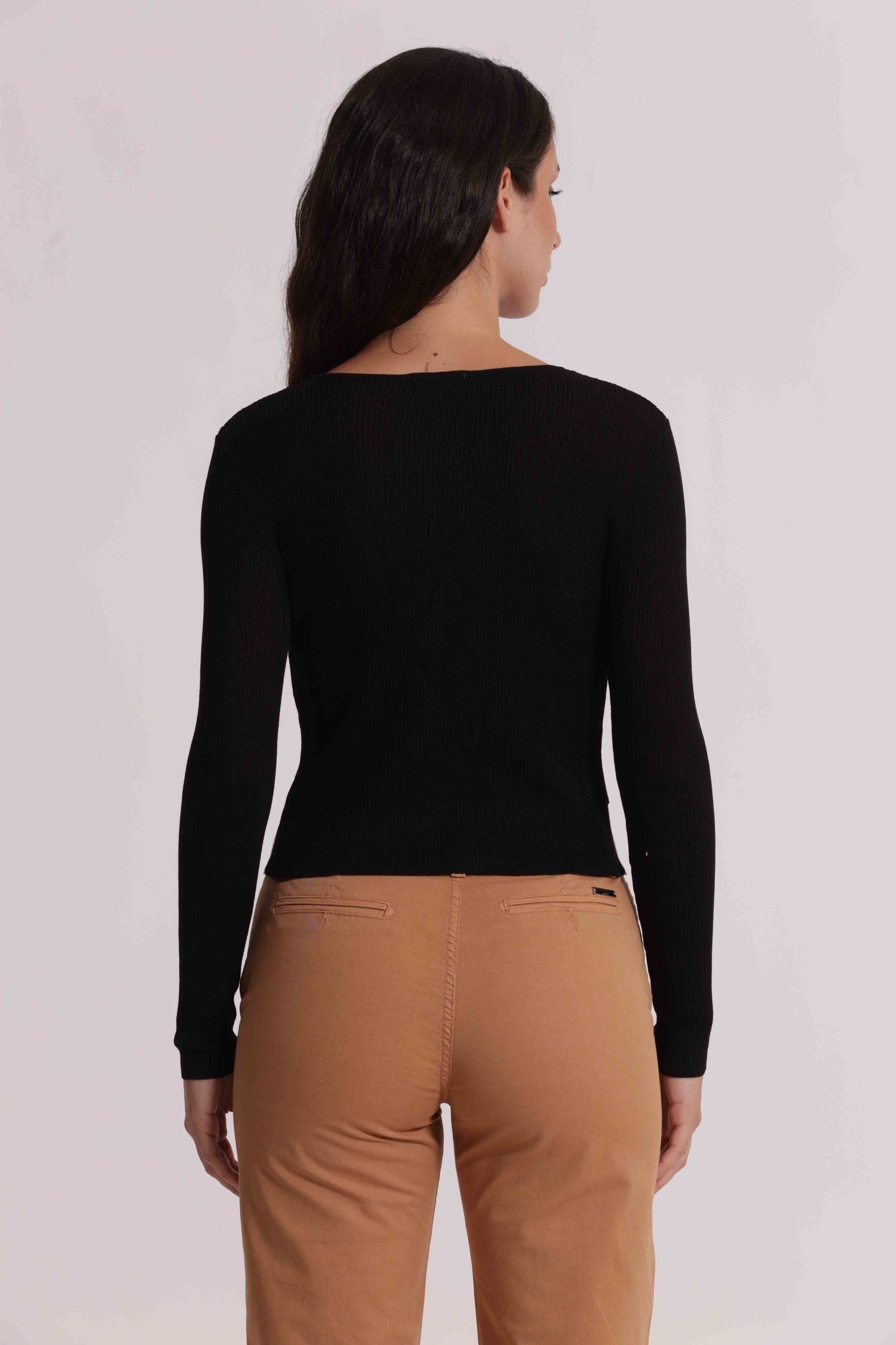 Mimi Mua cardigan donna corto in maglia a coste con bottoni NERO/PANNA S | Giò Fashion