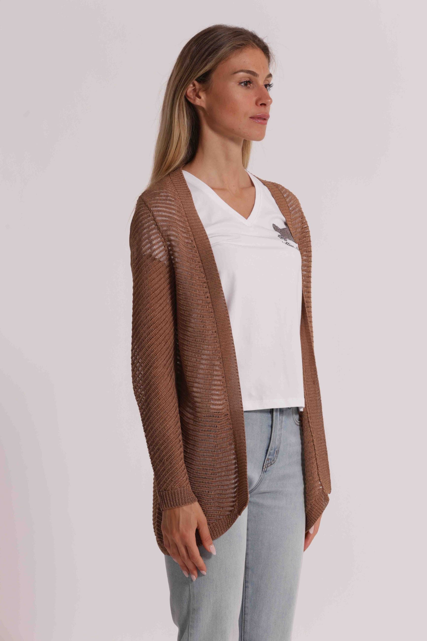 Mimi Mua cardigan donna lungo traforato aperto stile leggero Cammello S | Giò Fashion