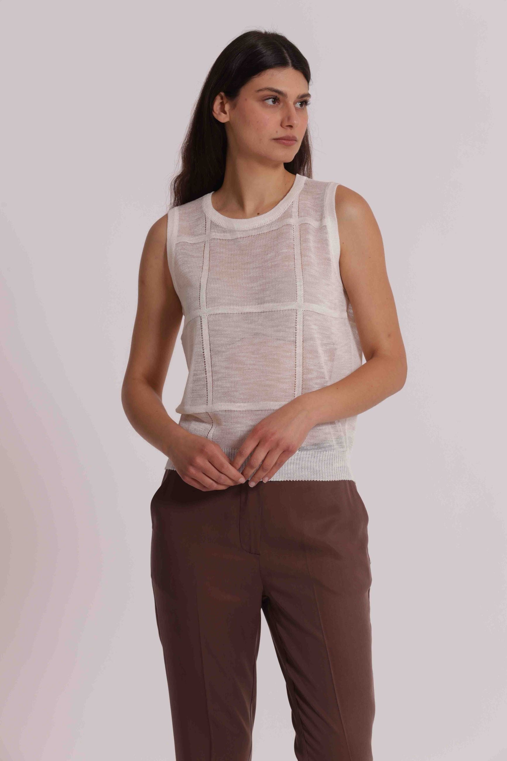 Mimi Mua top donna smanicato trasparente in maglia con inserti PANNA S | Giò Fashion