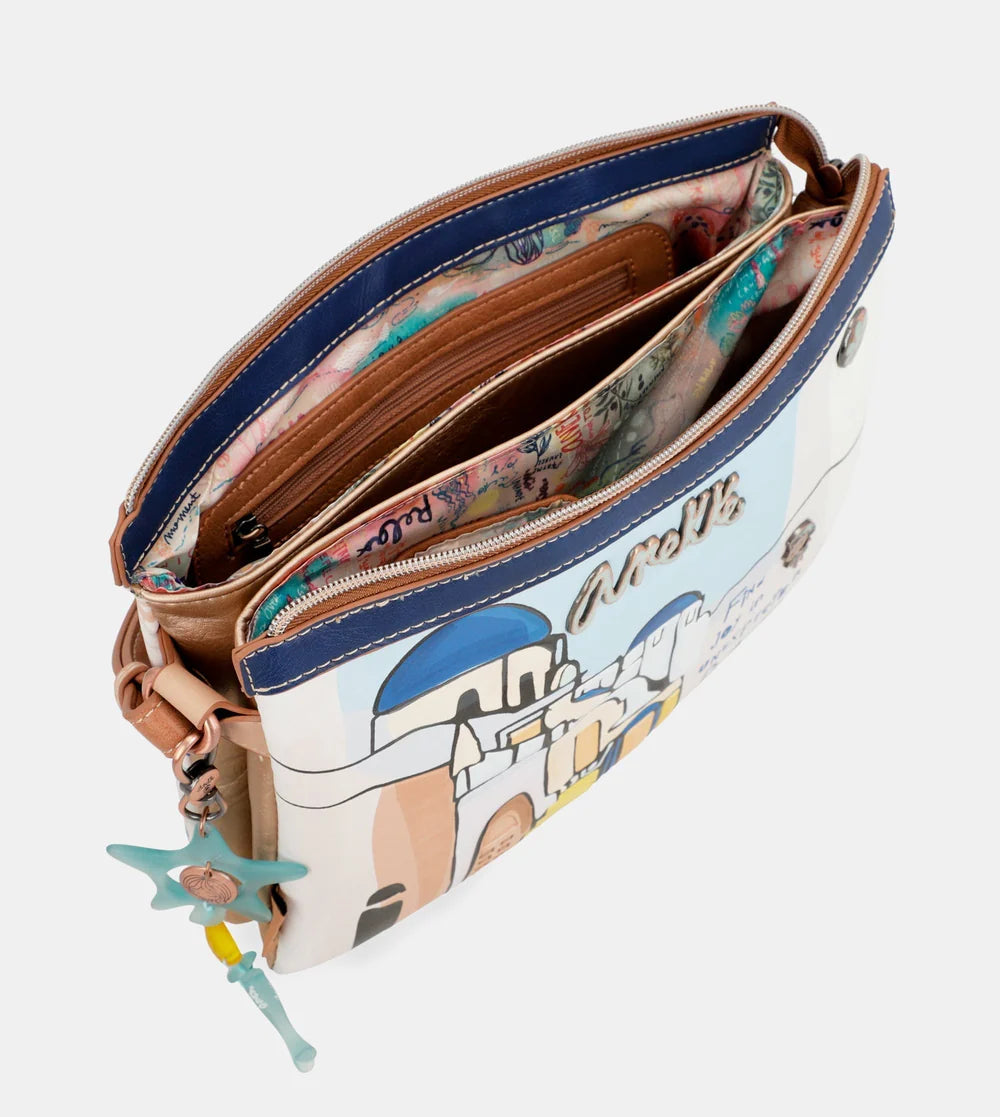 Borsa a tracolla Anekke Sunrise con tre scomparti e stampa mediterranea