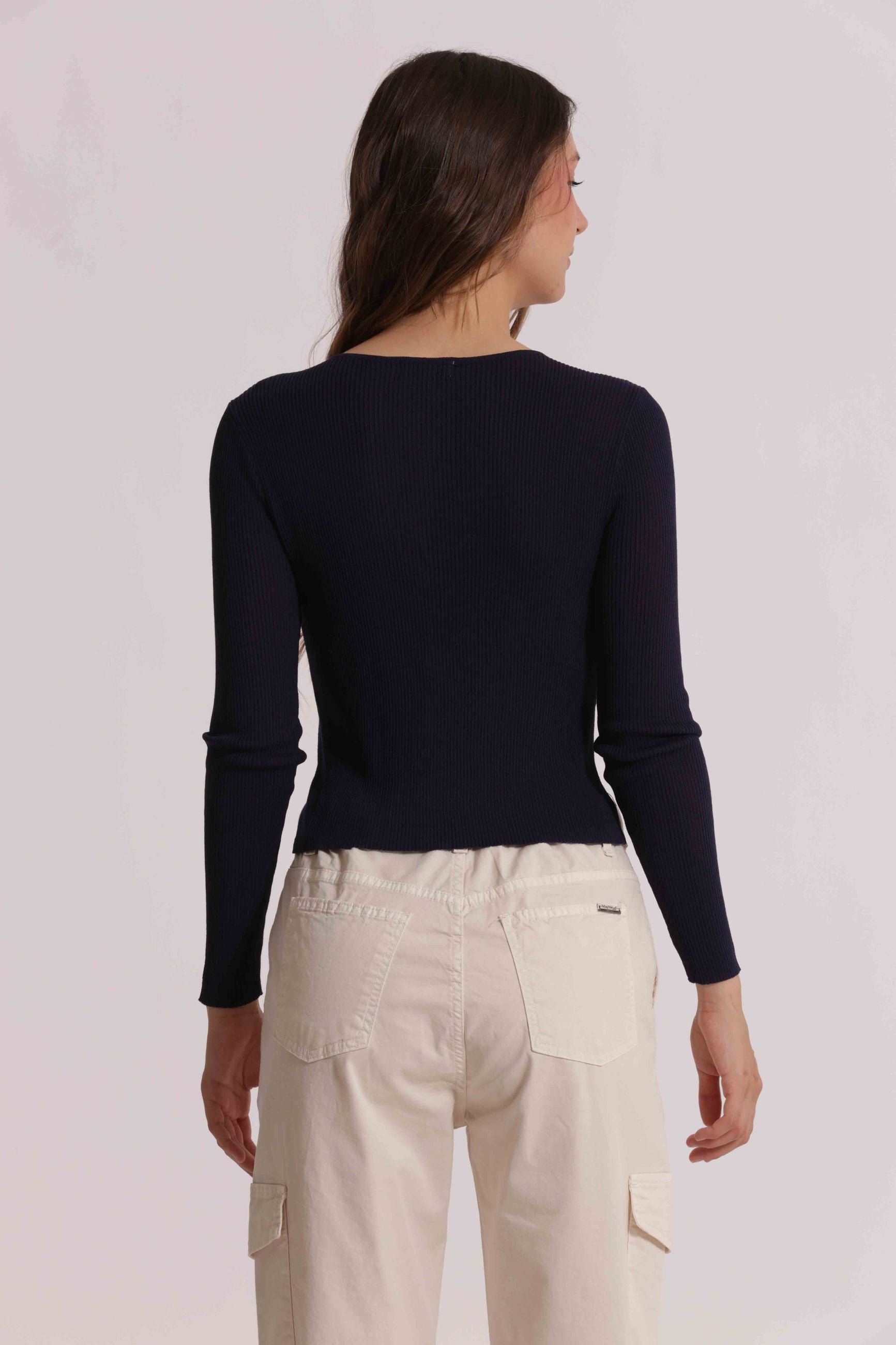 Mimi Mua cardigan donna corto in maglia a coste con bottoni BLU/BIANCO L | Giò Fashion