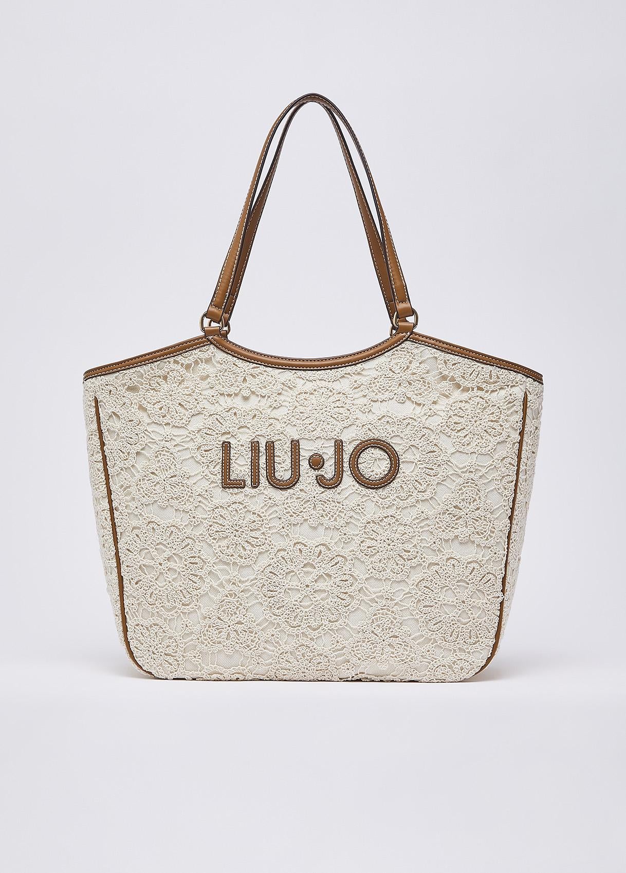 Borsa shopping Liu Jo in pizzo con logo frontale e doppi manici Cream TU | Giò Fashion