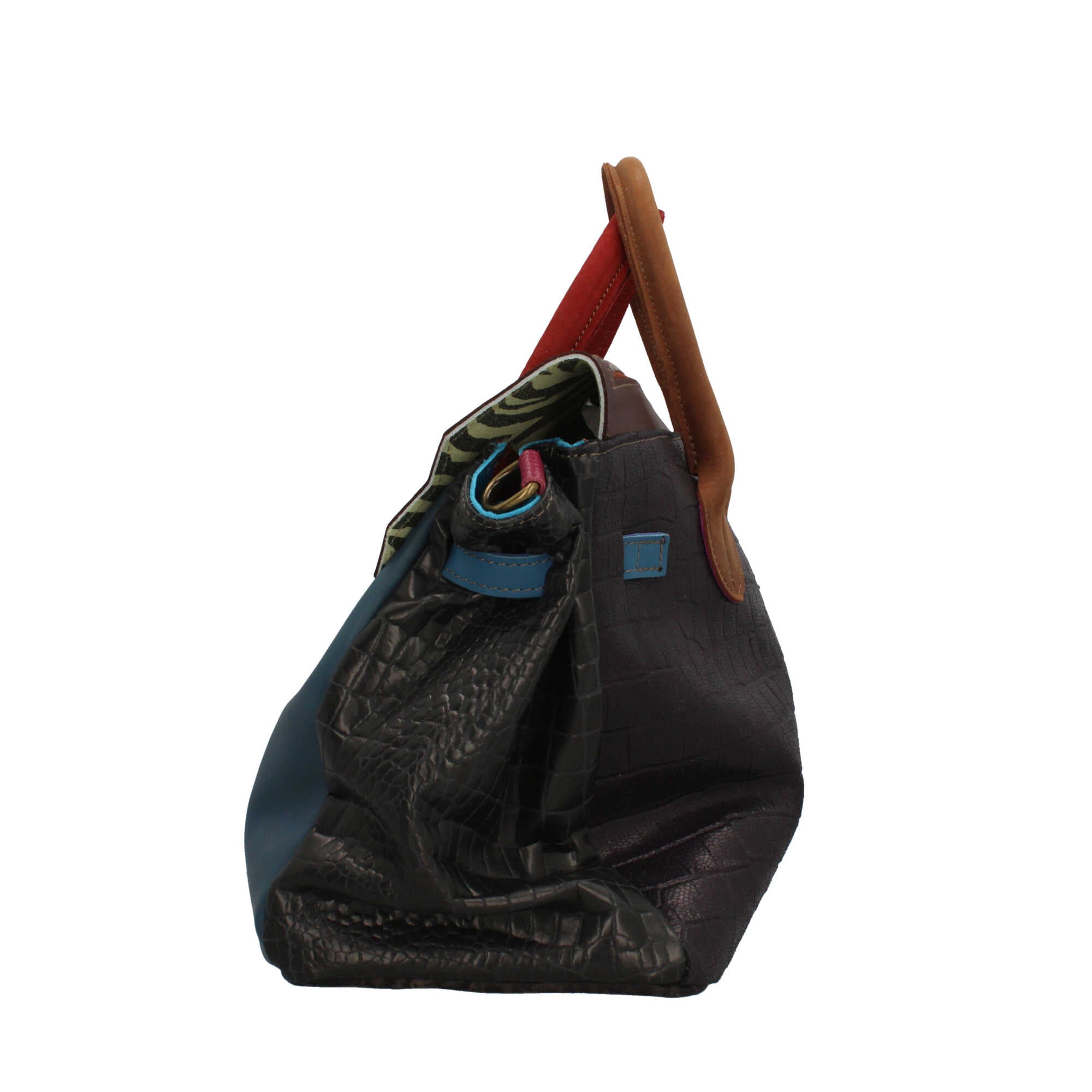 Borsa a mano Made in Italy con patta effetto metallizzato e stampa artistica