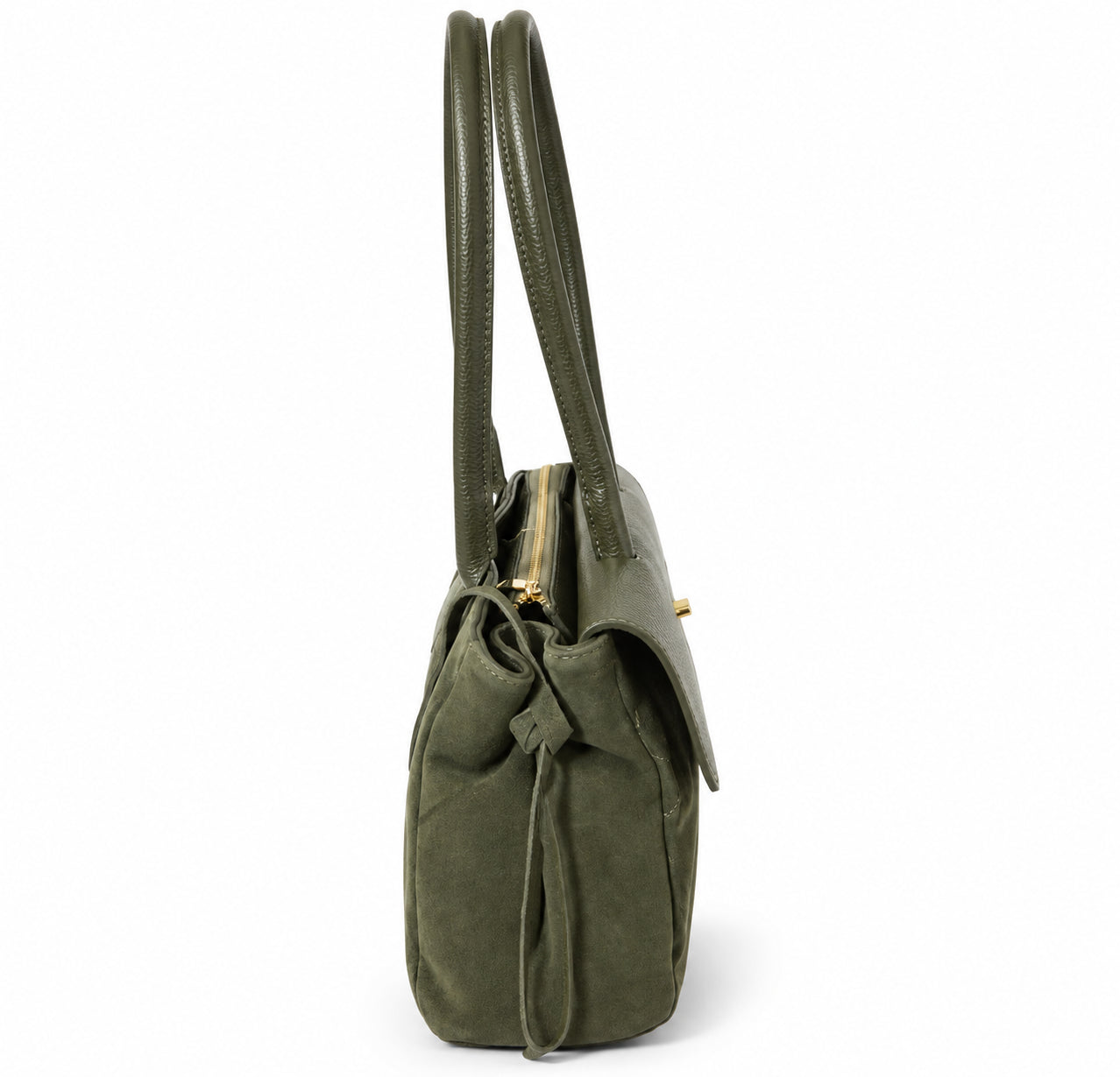 Borsa Donna Verde Militare Effetto Camoscio Trapuntata con Manici Lunghi e Dettagli Dorati
