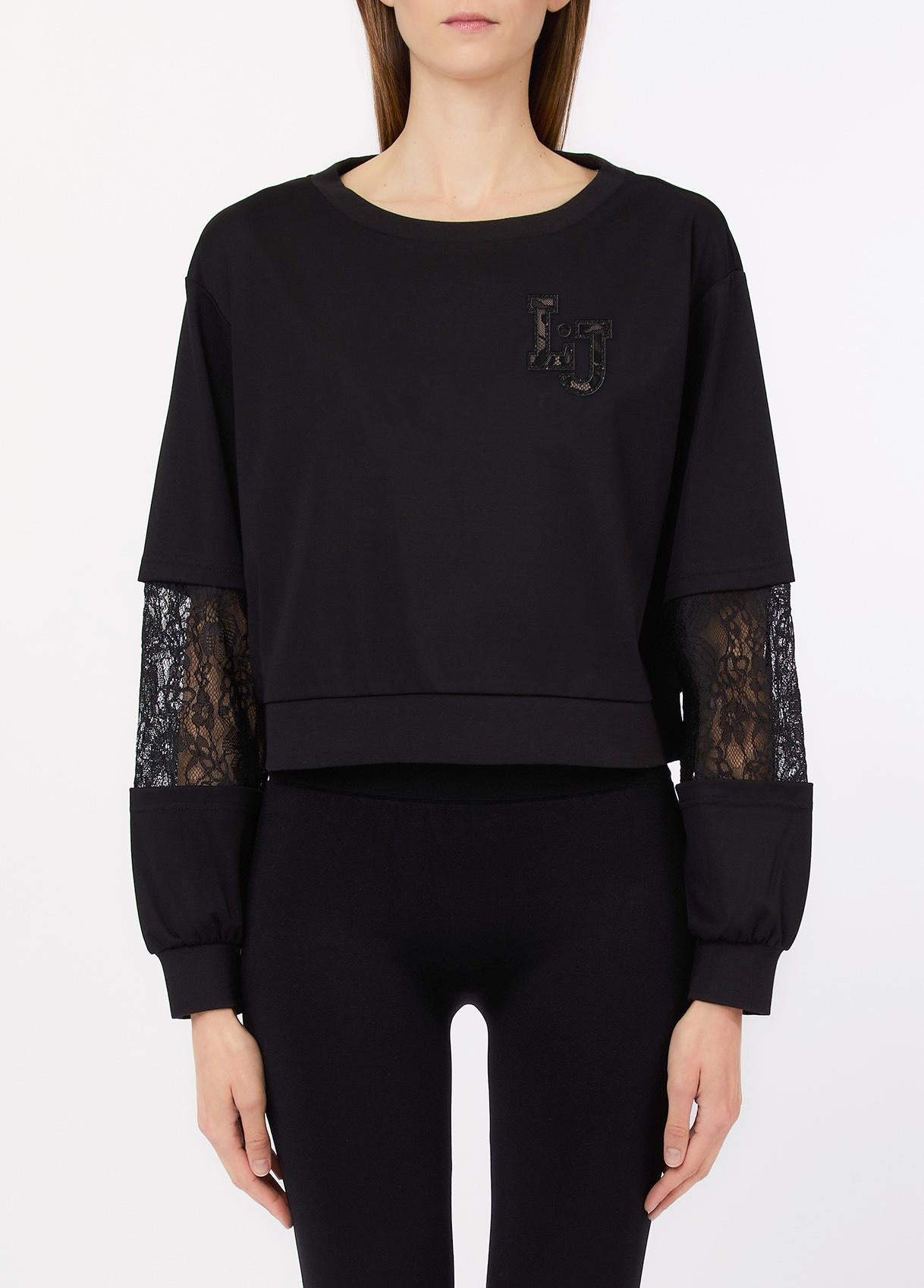 Felpa Liu Jo donna con logo LJ e maniche in pizzo Nero S | Giò Fashion