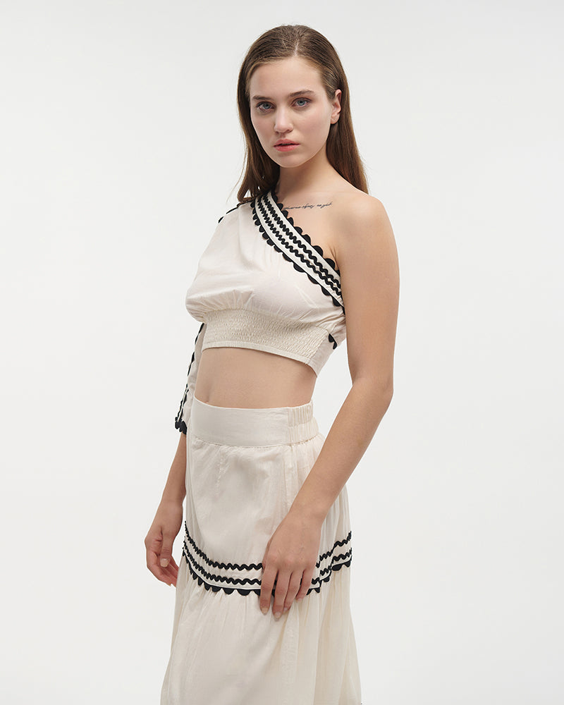 Ble Resort Collection Set Top Monospalla Crop e Gonna con Ricamo
