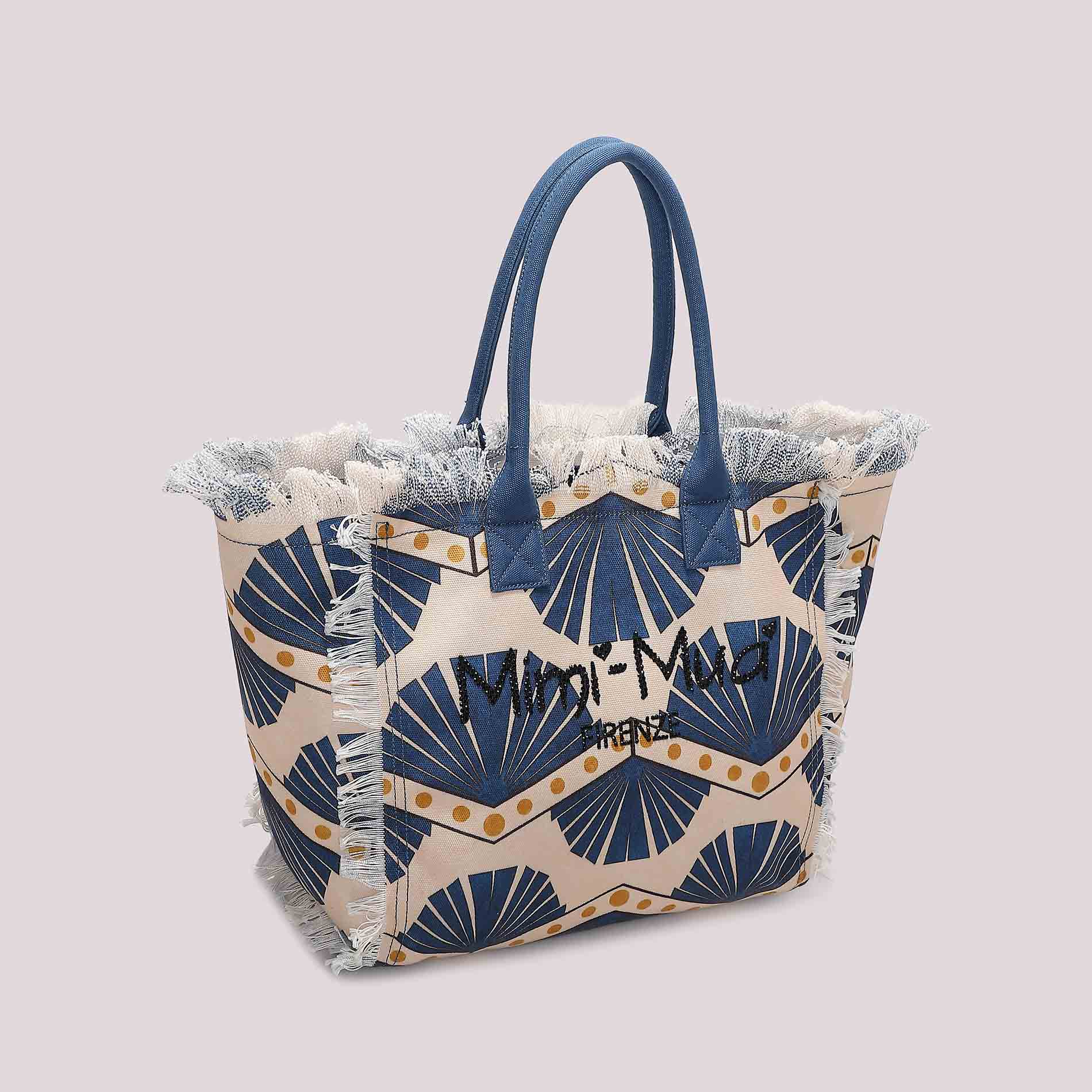 Borsa shopping donna Mimi Mua Firenze in tessuto con stampa e frange laterali Blu TU | Giò Fashion
