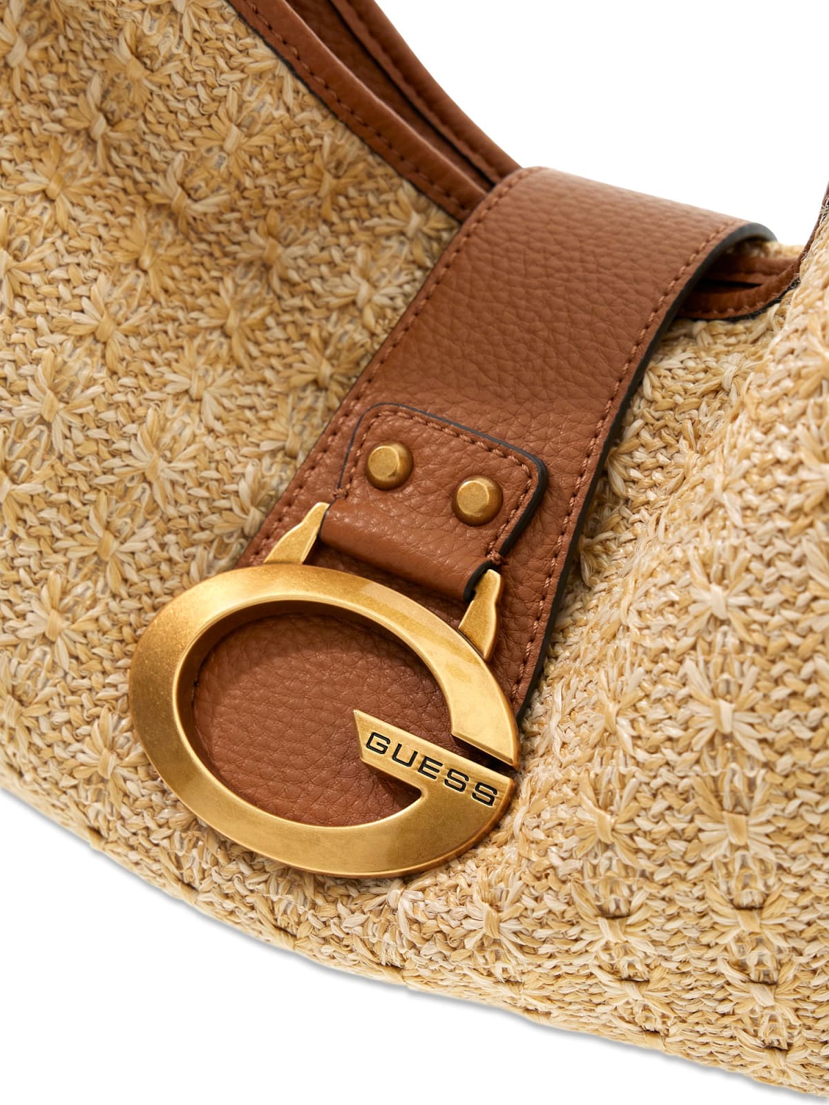 Borsa a spalla Guess donna in rafia con dettaglio logo frontale NATURALE/COGNAC TU | Giò Fashion