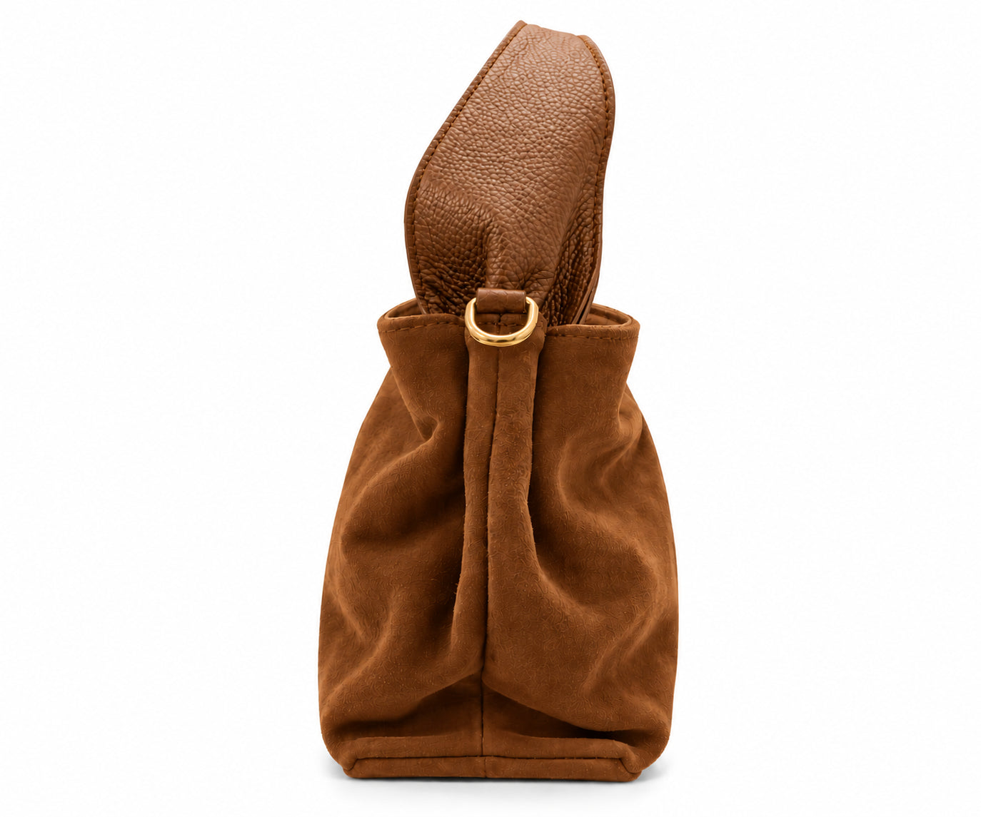 Borsa a Mano Vera Pelle in Camoscio Nero con Manici in Pelle Martellata