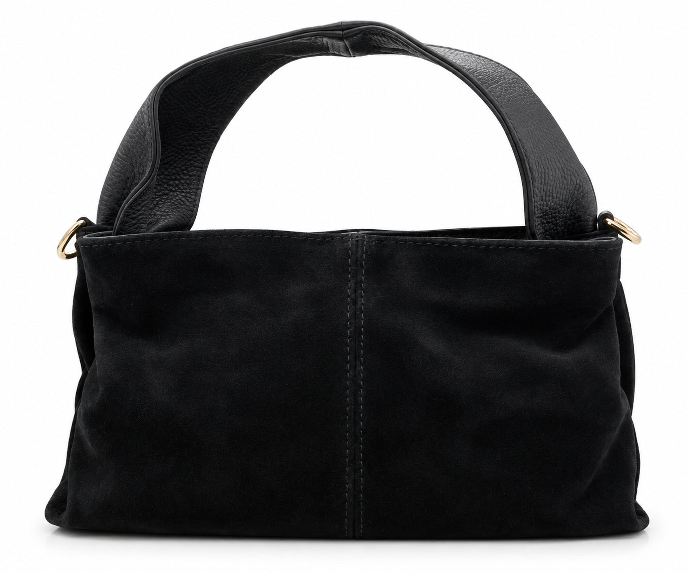 Borsa a Mano Vera Pelle in Camoscio Nero con Manici in Pelle Martellata