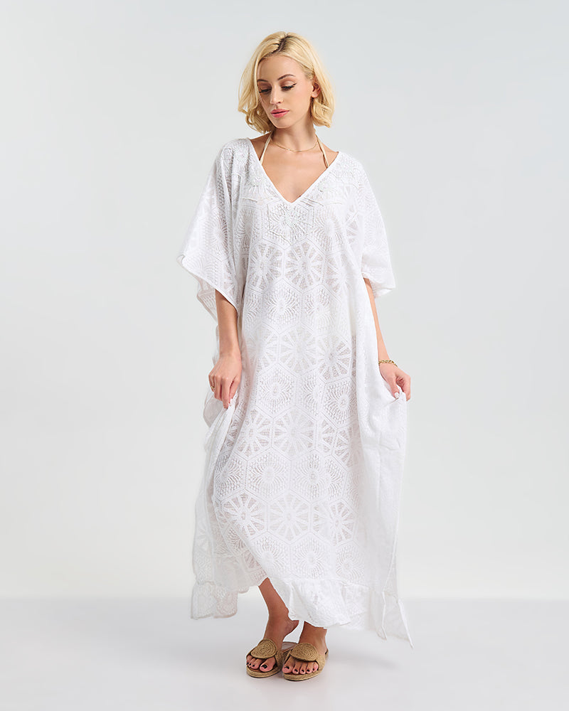 Ble Resort Collection Kaftan Lungo con Fiori Ricamati
