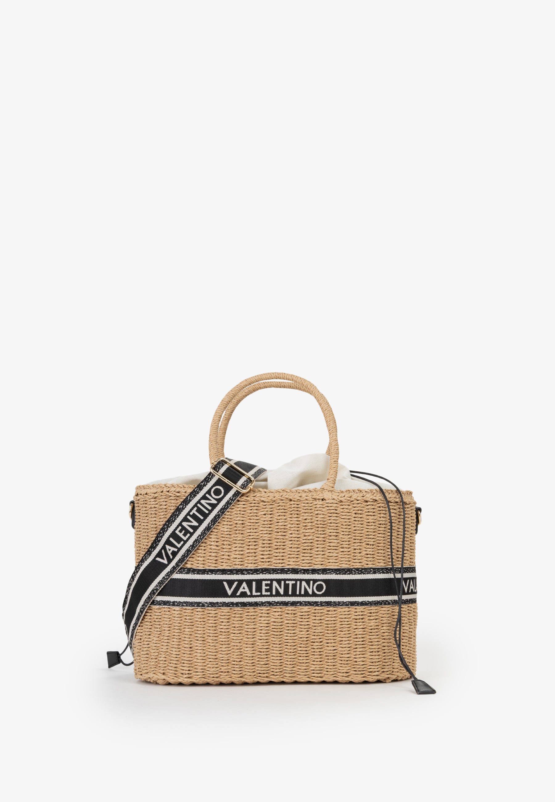 Borsa tote Mario Valentino in paglia con fascia logo e tracolla regolabile Nero TU | Giò Fashion