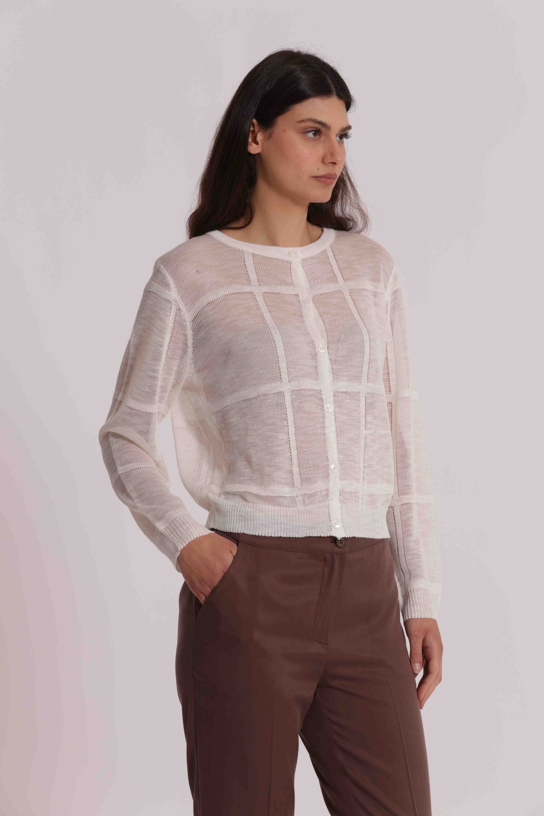Mimi Mua cardigan donna in maglia trasparente con bottoni elegante PANNA S | Giò Fashion