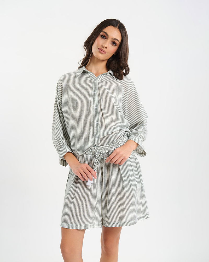Ble Resort Collection Set Camicia e Shorts a Righe con Ricamo