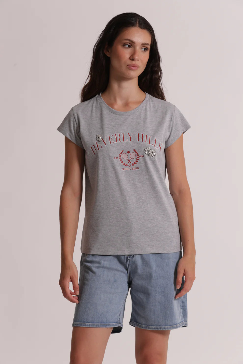 T shirt donna con stampa frontale e dettagli decorativi eleganti GRIGIO S | Giò Fashion