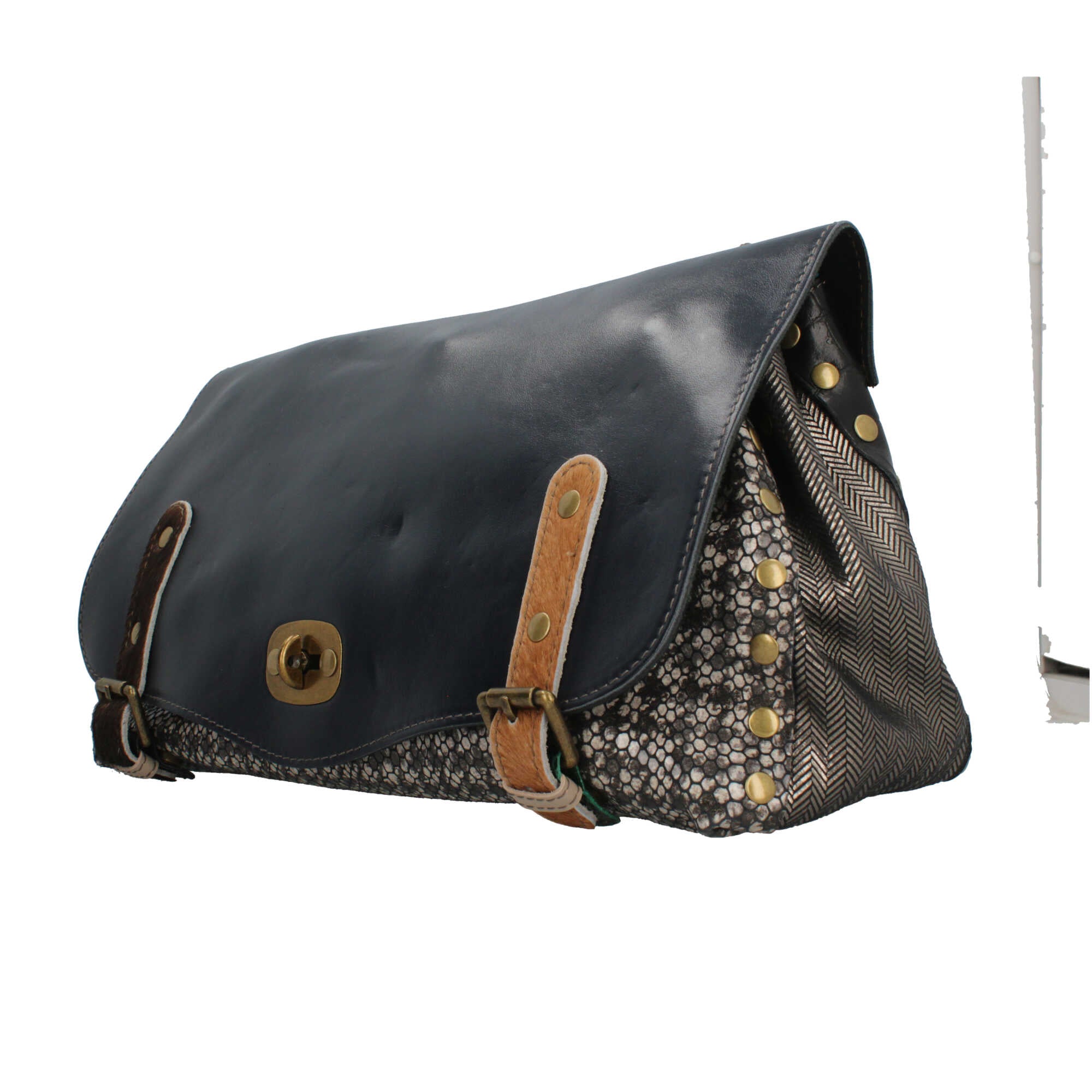 Borsa Made in Italy a tracolla in stile artigianale con patta e chiusura metallica BLU TU | Giò Fashion