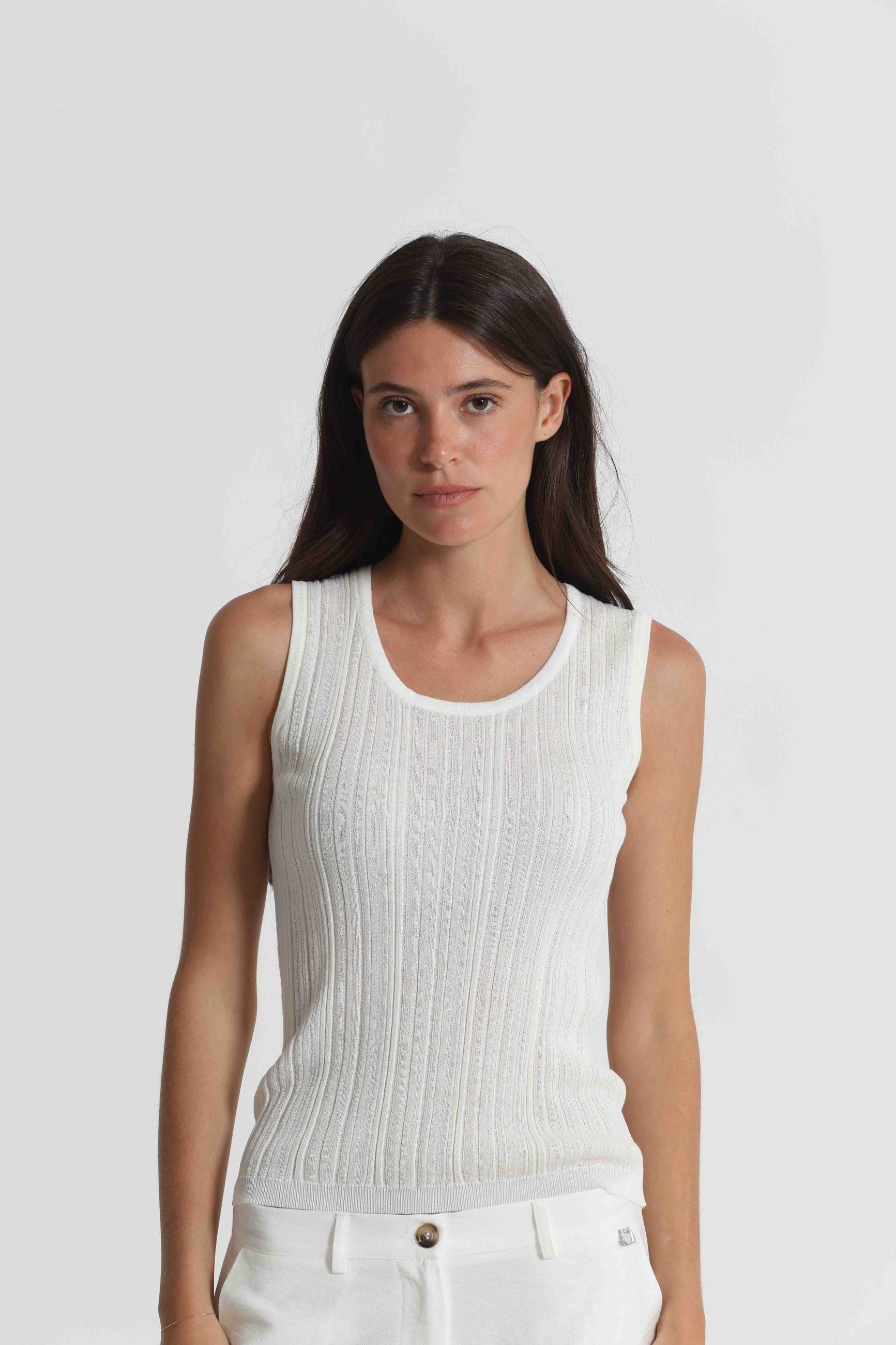 Mimi Mua top donna smanicato in maglia a coste girocollo PANNA S | Giò Fashion