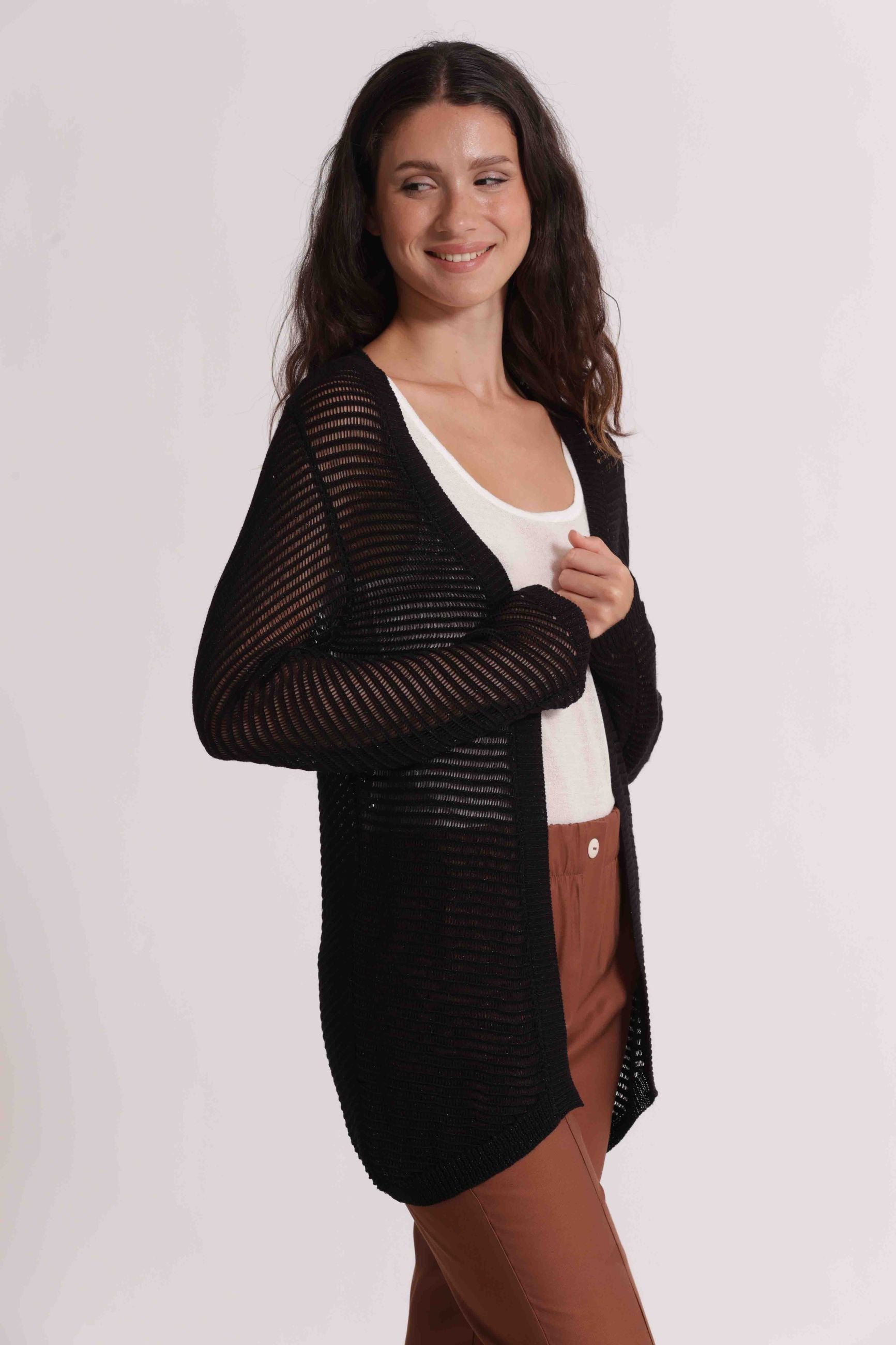 Mimi Mua cardigan donna lungo traforato aperto stile leggero Nero S | Giò Fashion