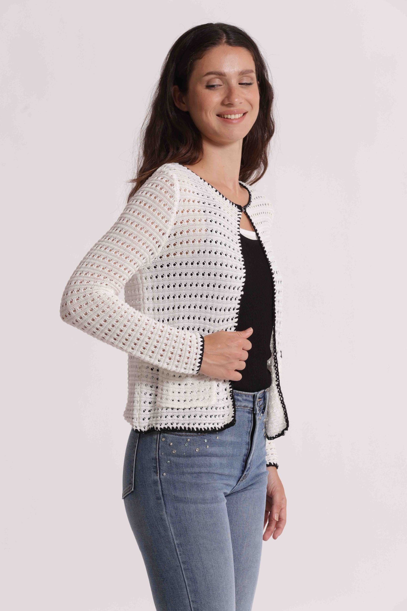 Mimi Mua cardigan donna traforato con profili a contrasto elegante PANNA/NERO S | Giò Fashion