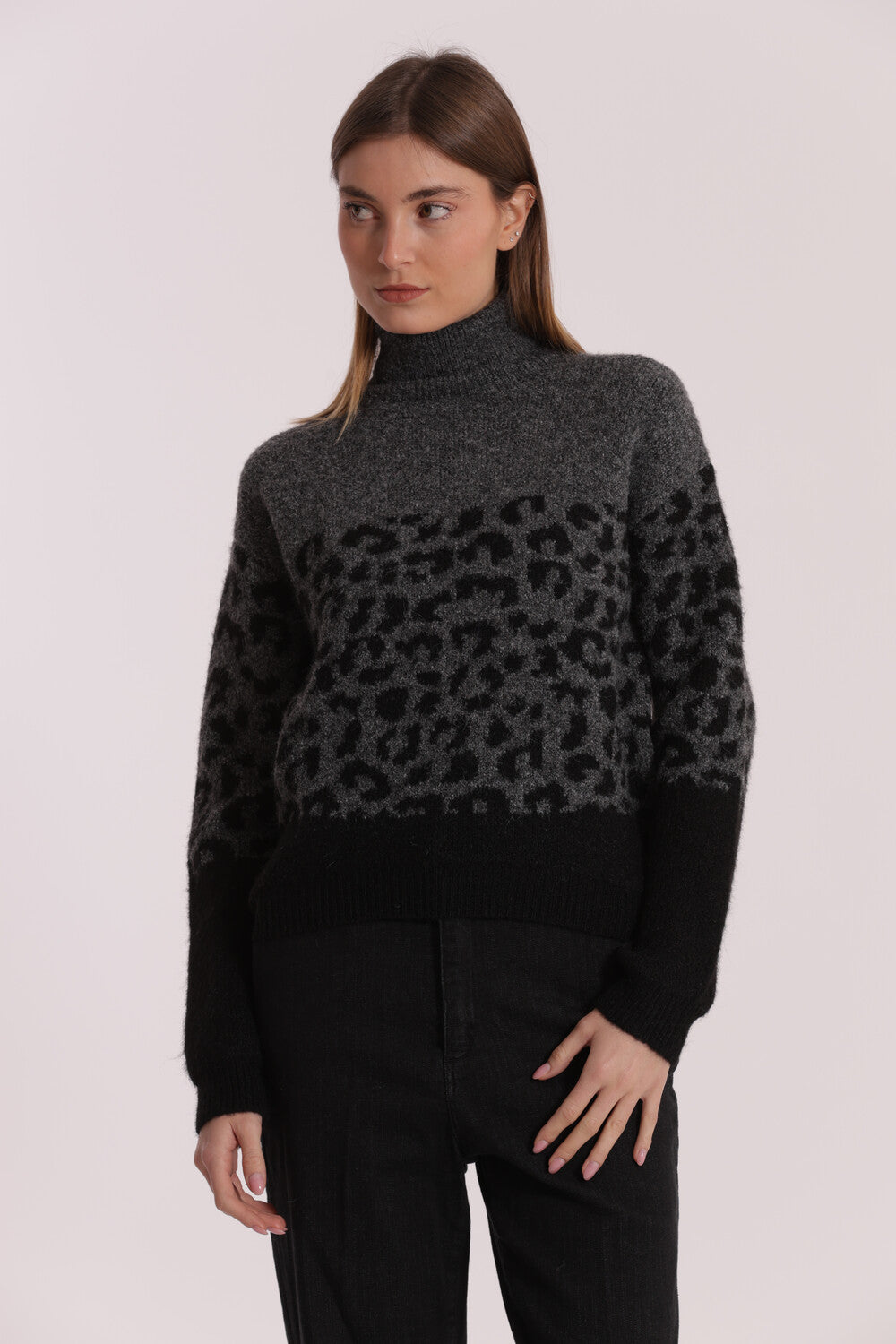 Maglione Mimi Mua a collo alto con fantasia animalier NERO XL | Giò Fashion