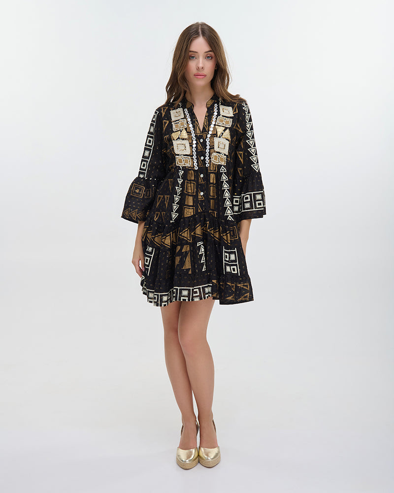 Ble Resort Collection Abito Corto a Maniche Lunghe con Dettagli Ricamati