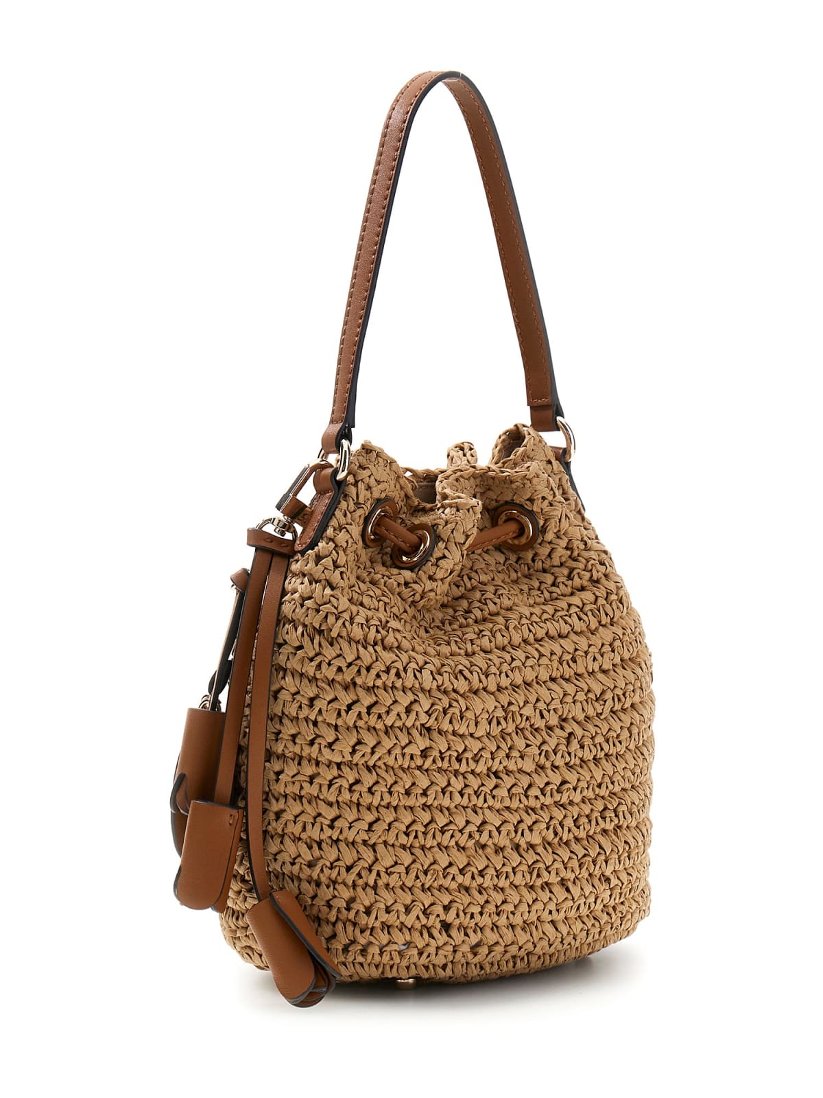 Borsa secchiello Guess donna intrecciata con logo e charm NATURALE/COGNAC TU | Giò Fashion